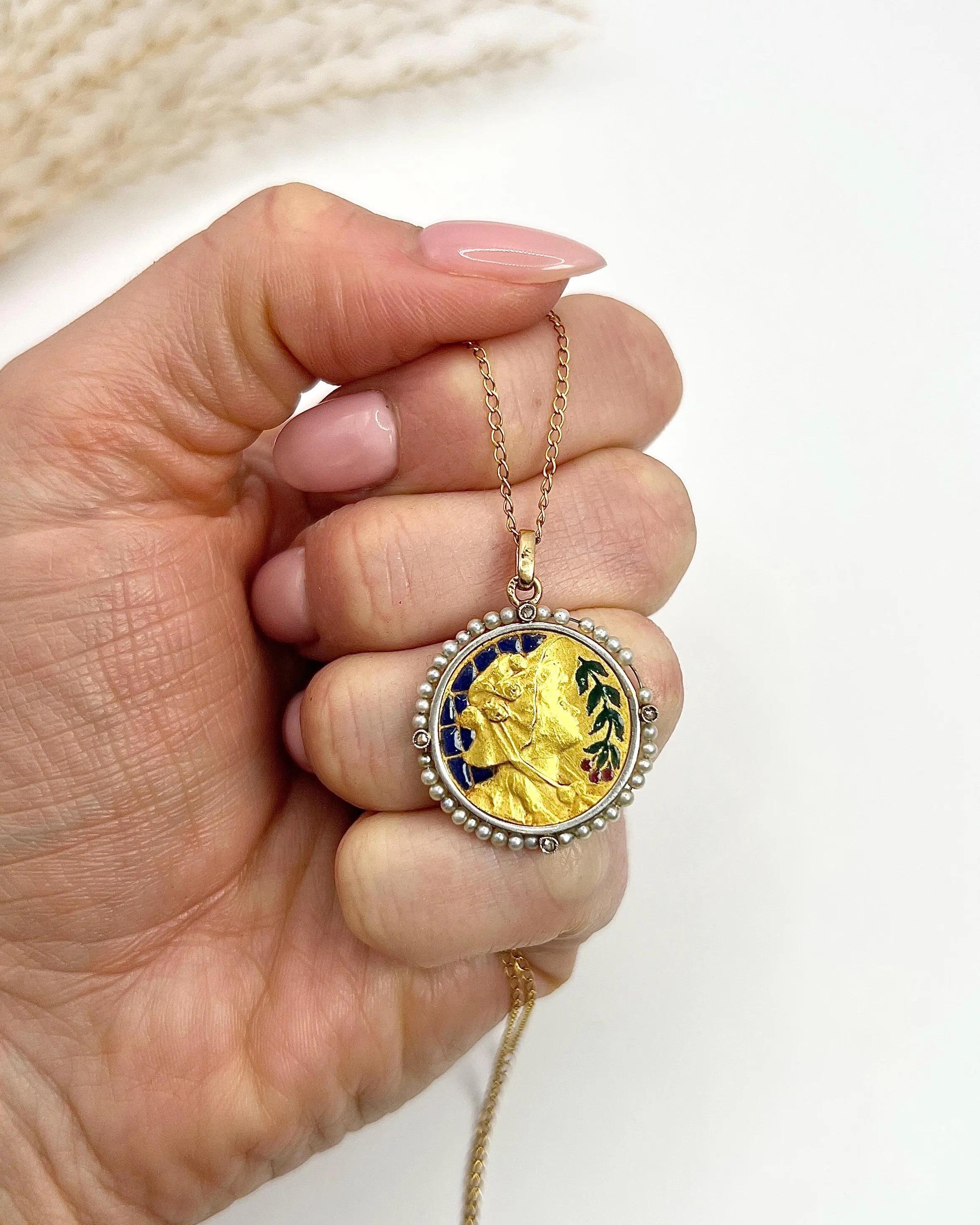 Antique 18ct Gold, Art Nouveau Plique a Jour & Seed Pearl, Lady Portrait Pendent For Sale 6