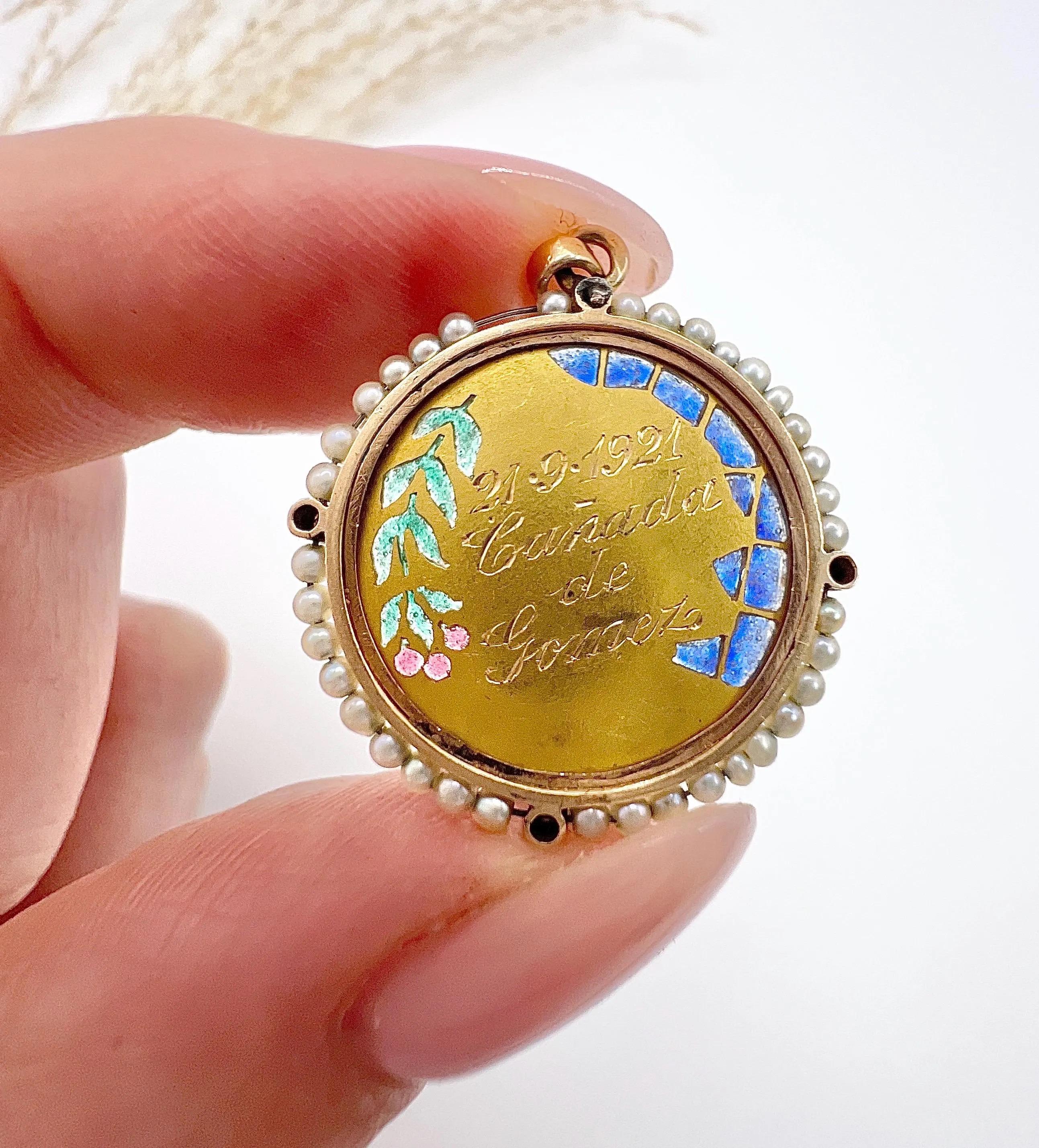 Women's or Men's Antique 18ct Gold, Art Nouveau Plique a Jour & Seed Pearl, Lady Portrait Pendent For Sale