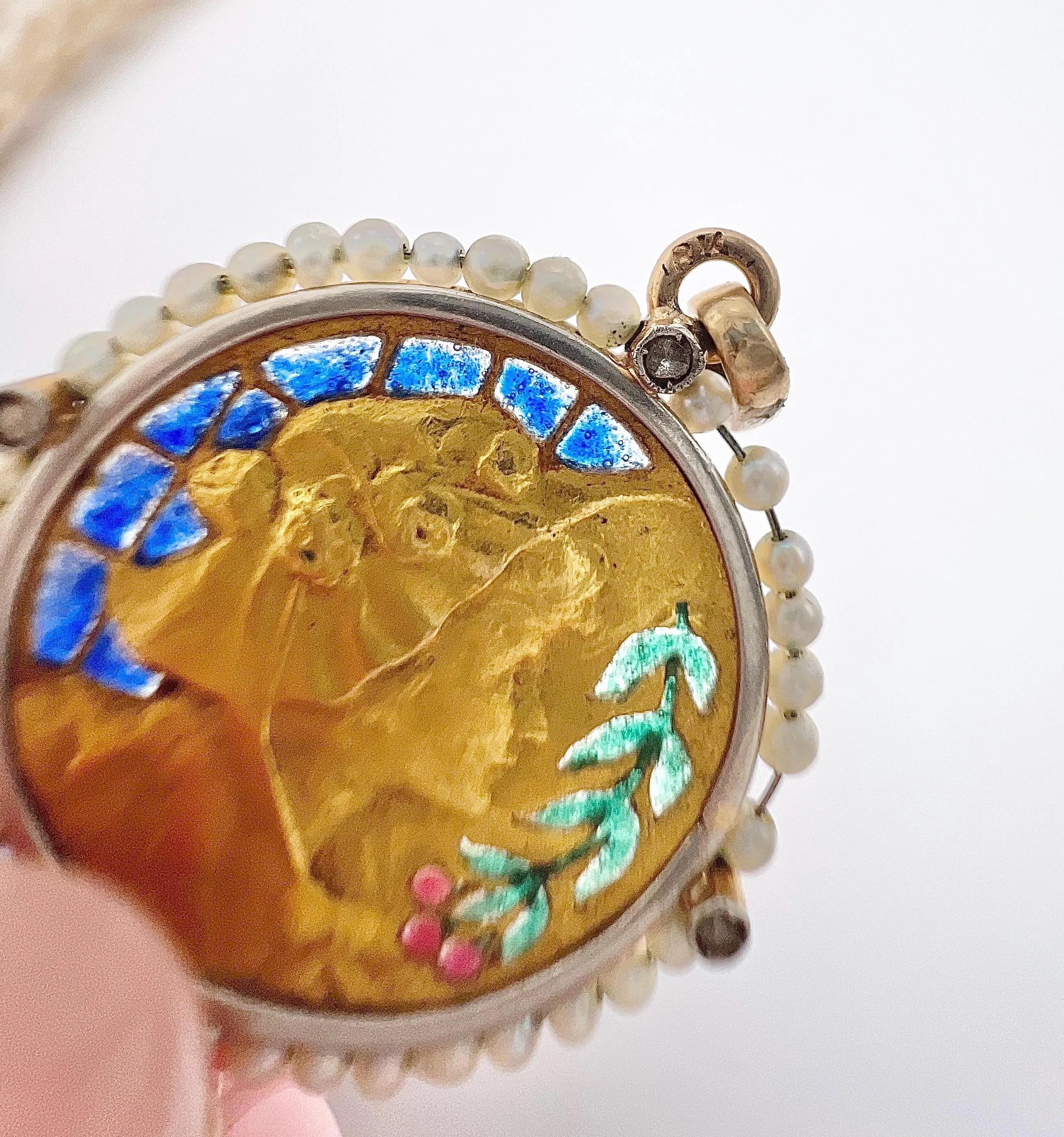 Antique 18ct Gold, Art Nouveau Plique a Jour & Seed Pearl, Lady Portrait Pendent For Sale 3