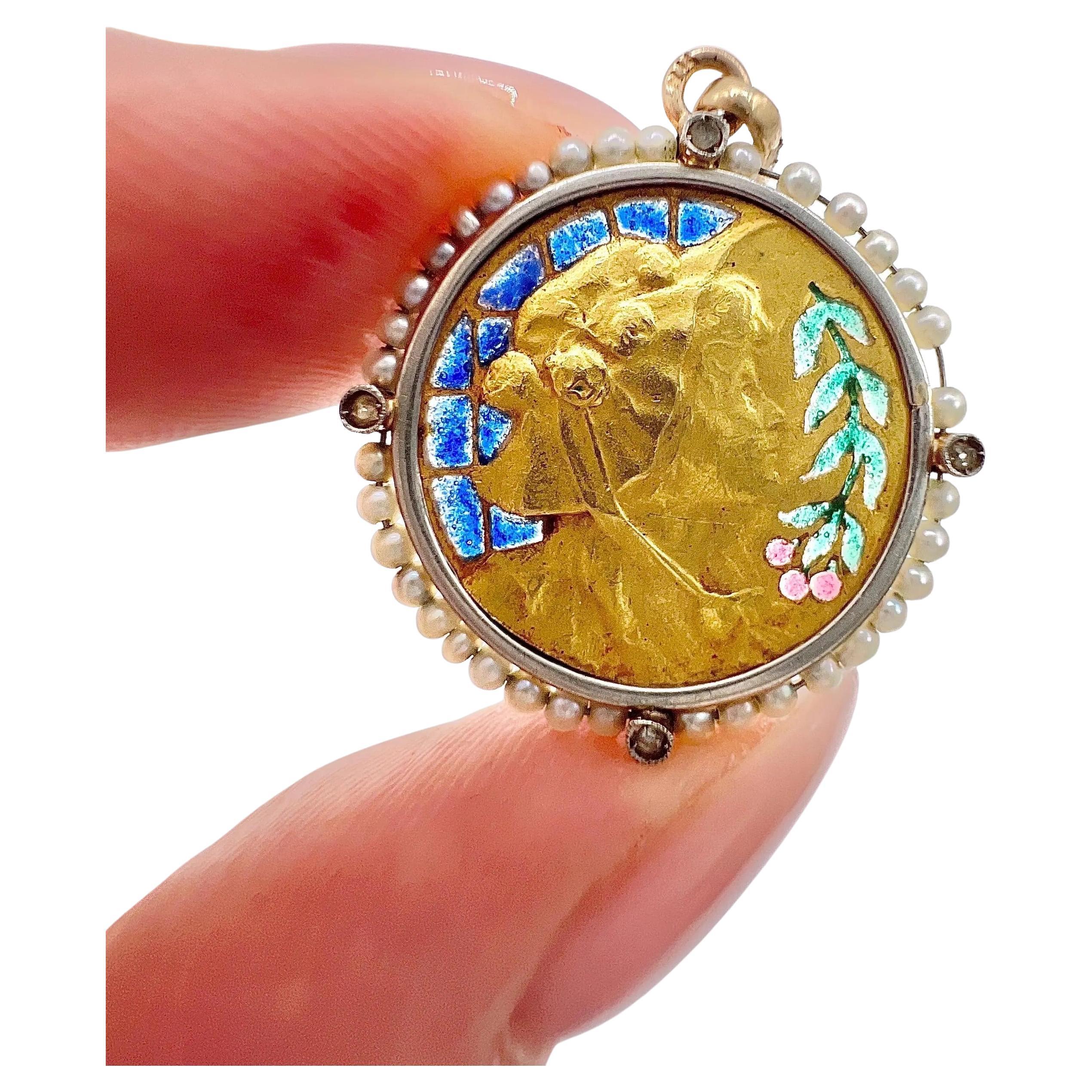 Antique 18ct Gold, Art Nouveau Plique a Jour & Seed Pearl, Lady Portrait Pendent