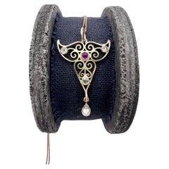 Antique 18ct Gold, Art Nouveau Ruby, Diamond & Pearl Pendant Necklace