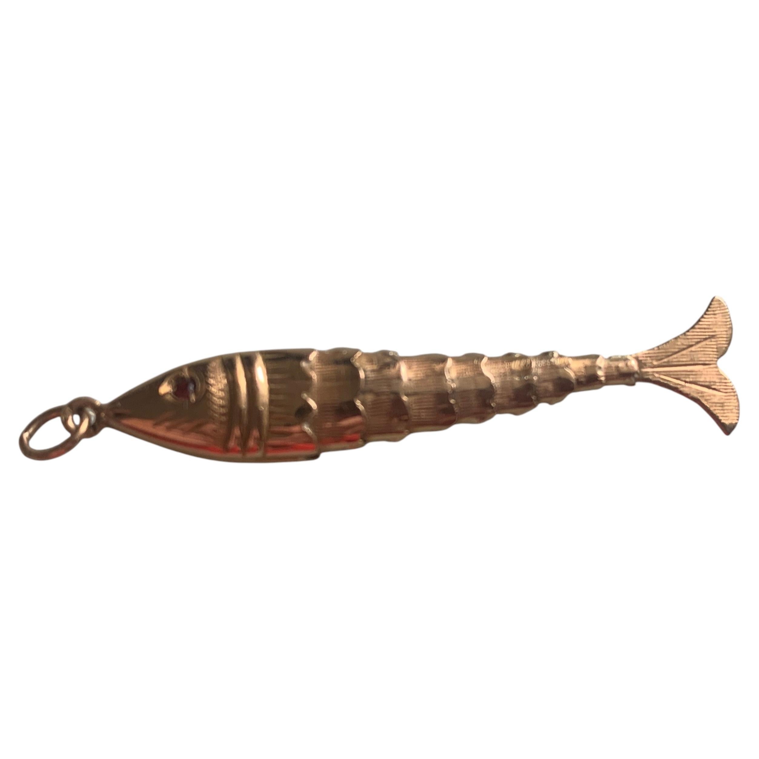 Antique 18ct Gold Articulated Fish Pendant, Circa 1920, Red Gem Eyes