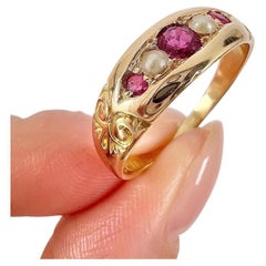 Antique 18ct Gold Birmingham Hallmarked, Edwardian 5 Stone Ruby & Pearl Ring