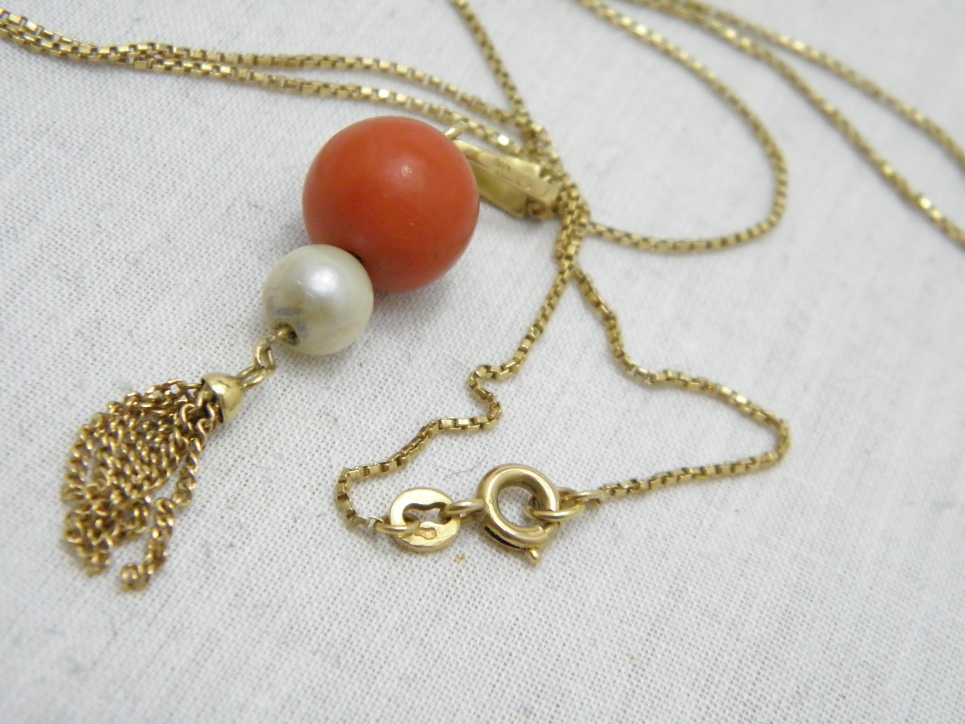 Antique 18ct Gold Coral Pearl Pendant Necklace Box Chain 750 Purity 21 Inch 1