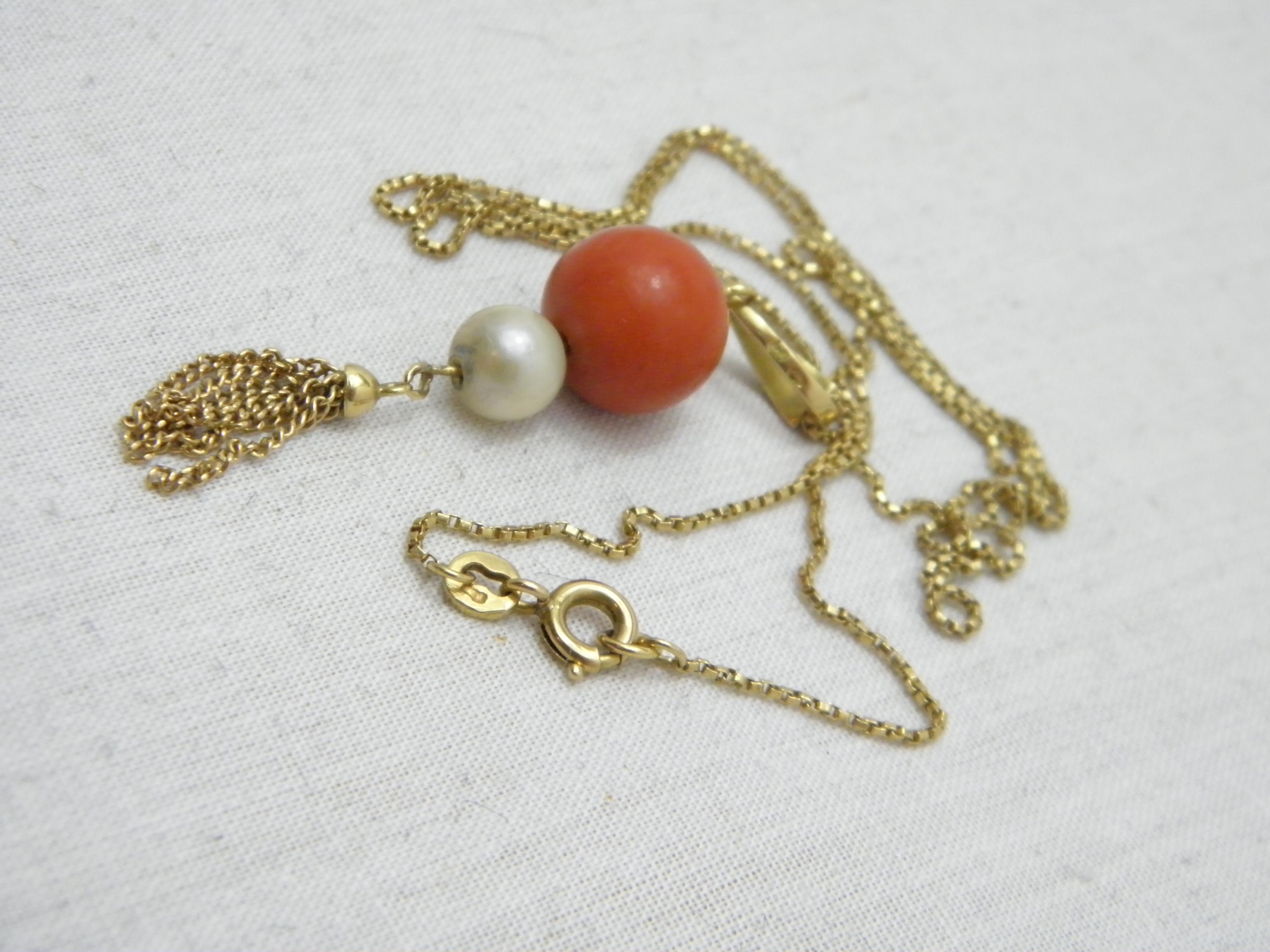Antique 18ct Gold Coral Pearl Pendant Necklace Box Chain 750 Purity 21 Inch 2
