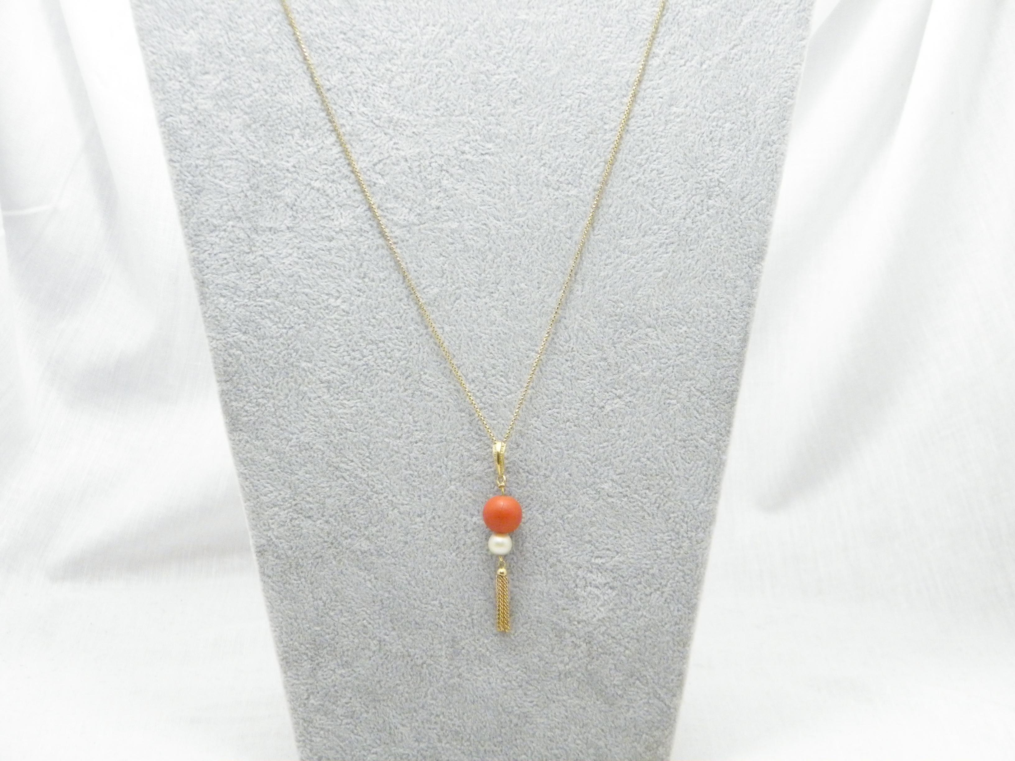 Antique 18ct Gold Coral Pearl Pendant Necklace Box Chain 750 Purity 21 Inch 3