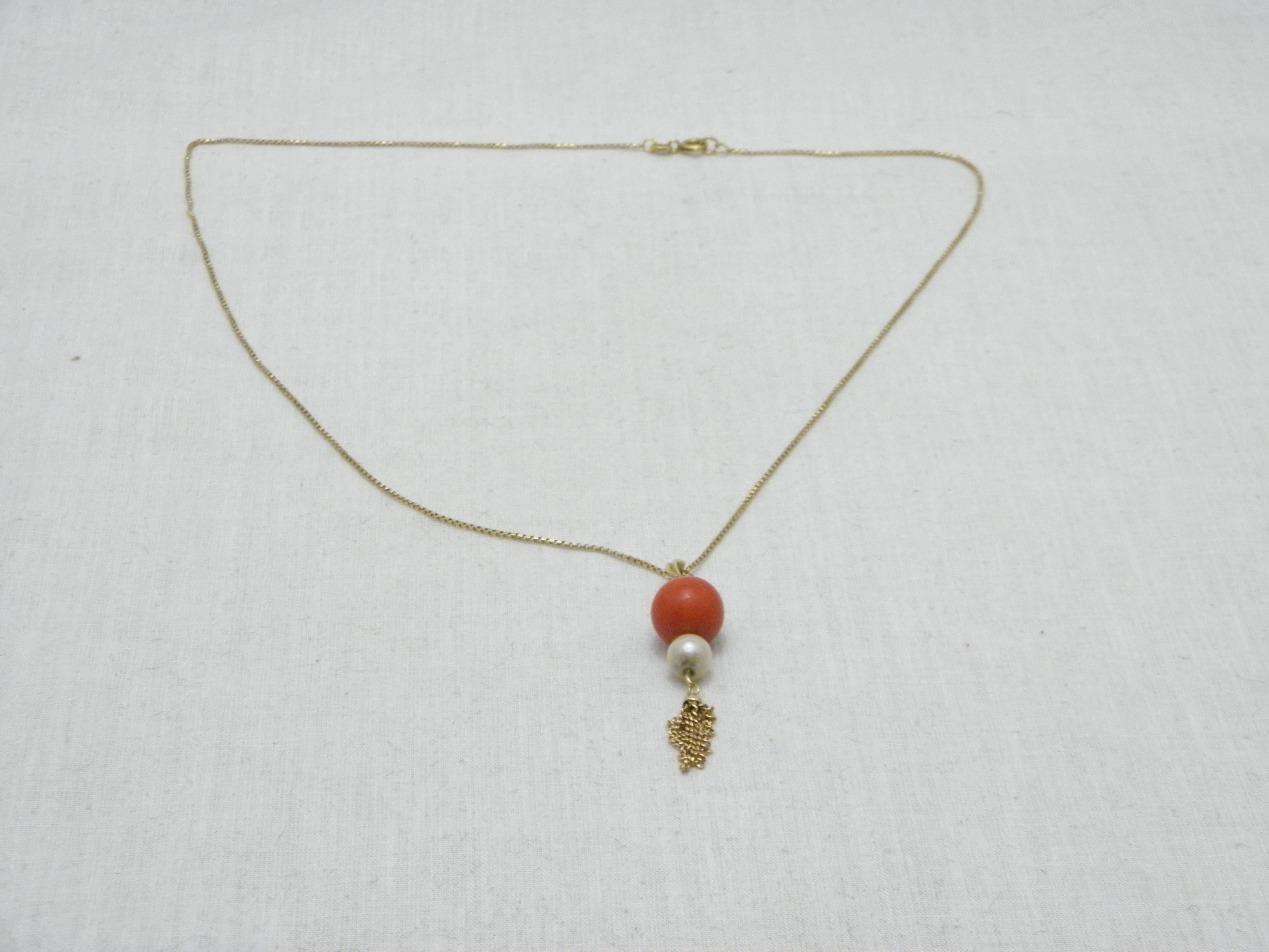 Antique 18ct Gold Coral Pearl Pendant Necklace Box Chain 750 Purity 21 Inch In Good Condition In Camelford, GB