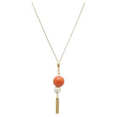 Antique 18ct Gold Coral Pearl Pendant Necklace Box Chain 750 Purity 21 Inch