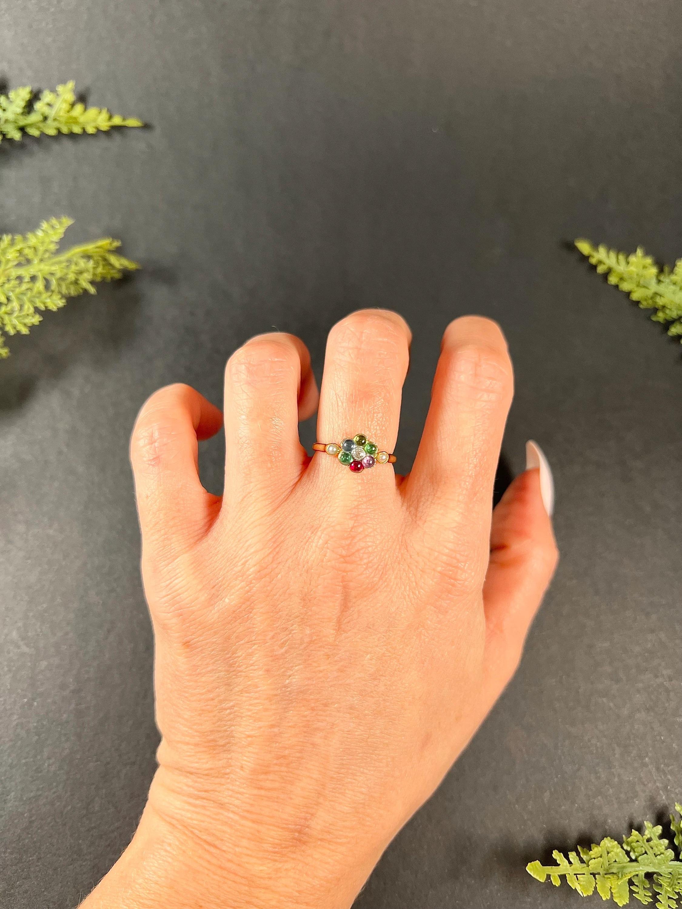 Edwardian Antique 18ct Gold Diamond Emerald Amethyst Ruby Sapphire Tourmaline Dearest Ring