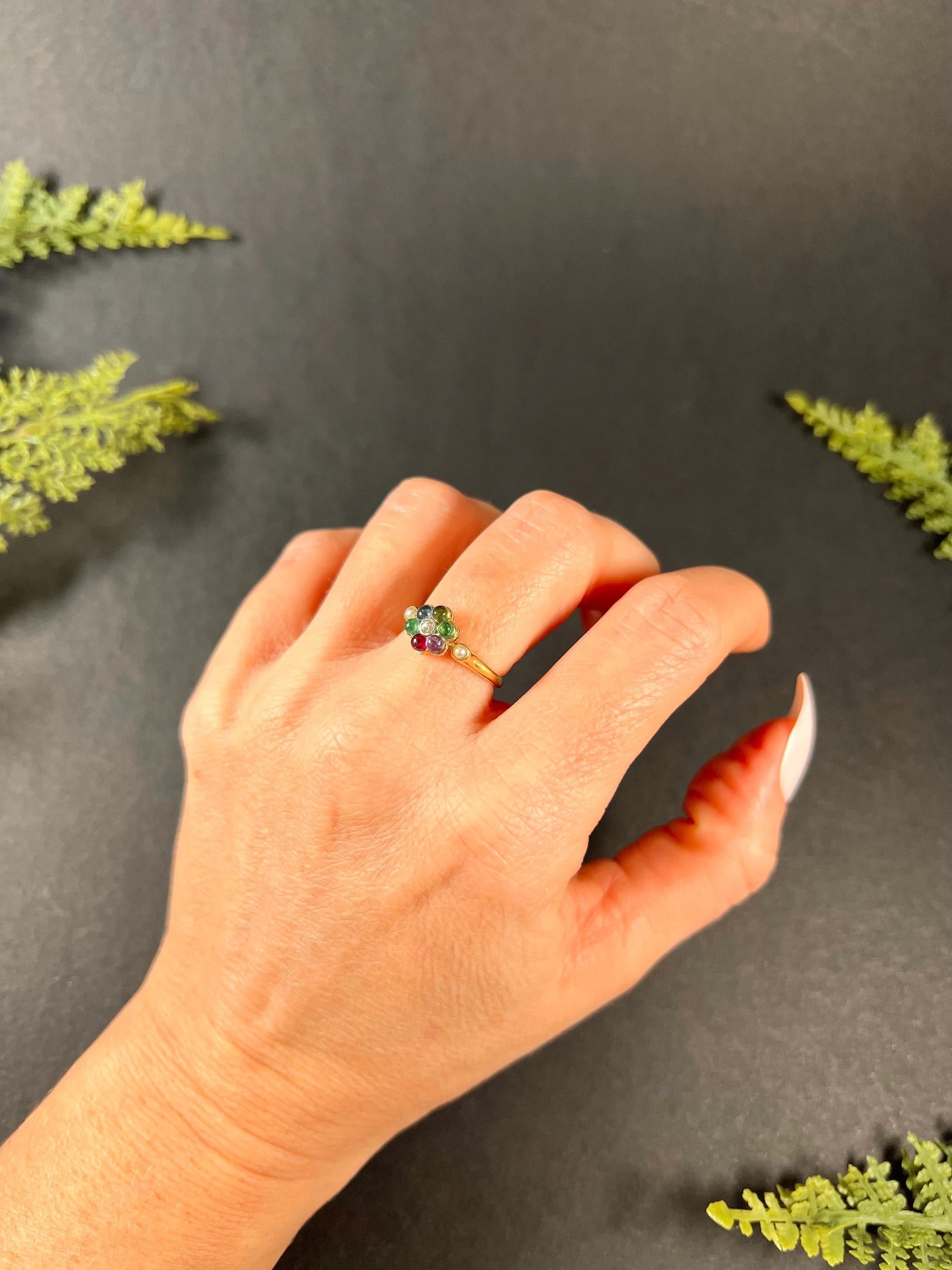 Women's or Men's Antique 18ct Gold Diamond Emerald Amethyst Ruby Sapphire Tourmaline Dearest Ring
