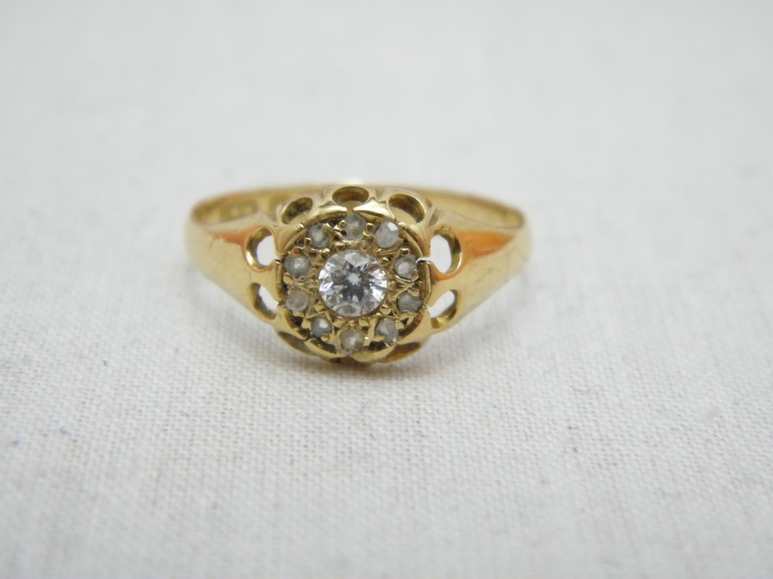 Cushion Cut Antique 18ct Gold Diamond Halo Cluster Gypsy Ring Size N 6.75 750 Purity Chester For Sale