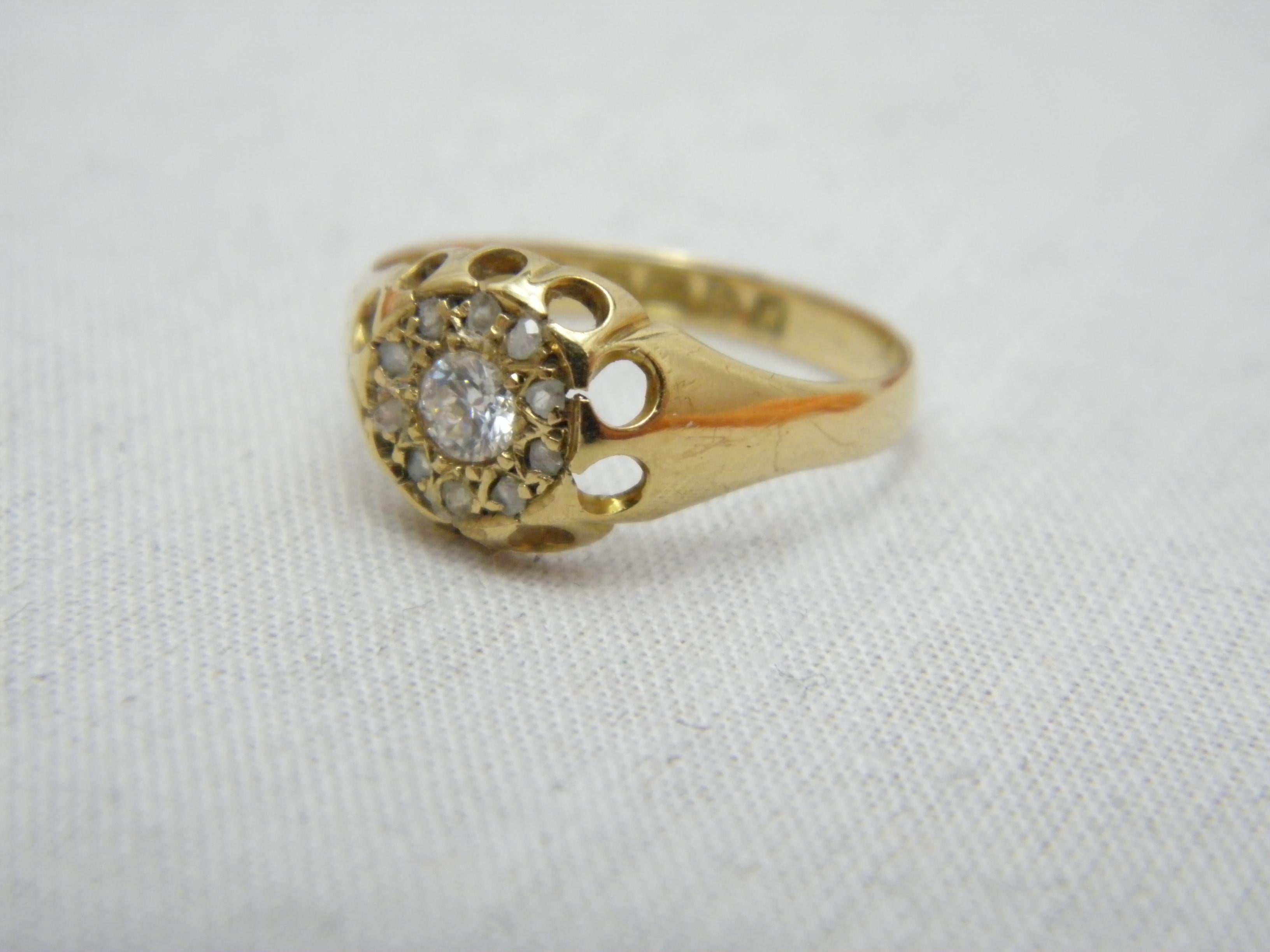 Antique 18ct Gold Diamond Halo Cluster Gypsy Ring Size N 6.75 750 Purity Chester In Good Condition For Sale In Camelford, GB