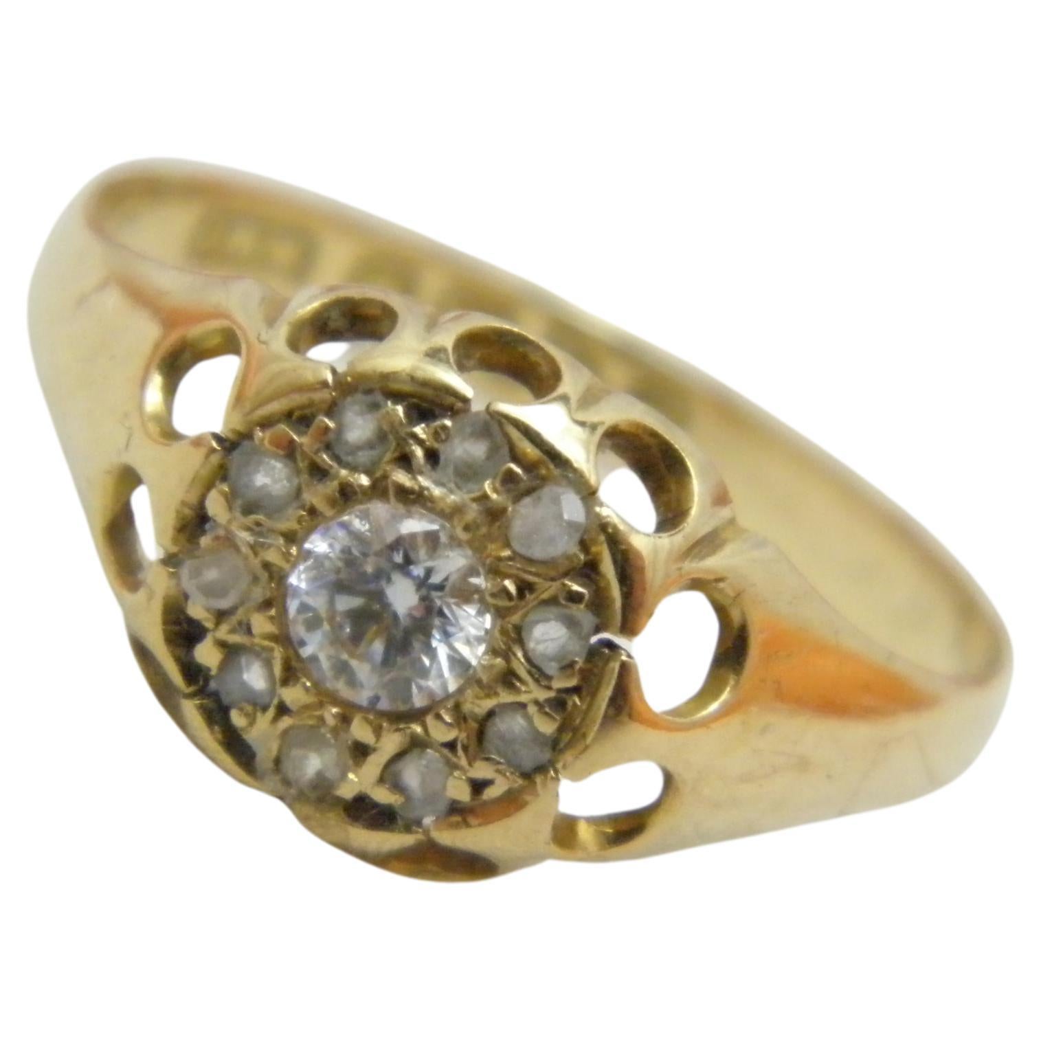 Antique 18ct Gold Diamond Halo Cluster Gypsy Ring Size N 6.75 750 Purity Chester For Sale