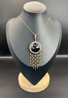 Antique 18ct Gold Early Victorian Large Cabochon Garnet & Diamond Tassel Pendant