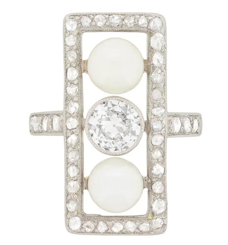 Antique 18ct Gold, Edwardian 0.70ct Diamond & Pearl Rectangular Ring For Sale 5