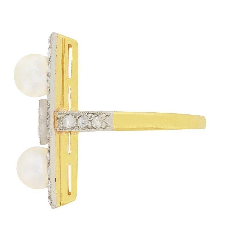 Antique 18ct Gold, Edwardian 0.70ct Diamond & Pearl Rectangular Ring For Sale 6