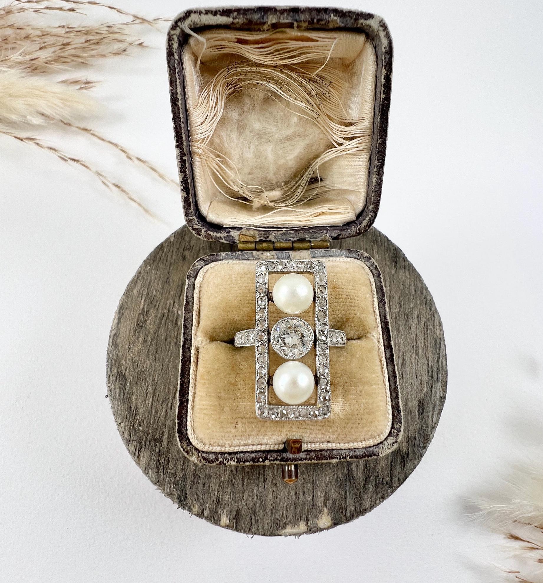 Old European Cut Antique 18ct Gold, Edwardian 0.70ct Diamond & Pearl Rectangular Ring For Sale