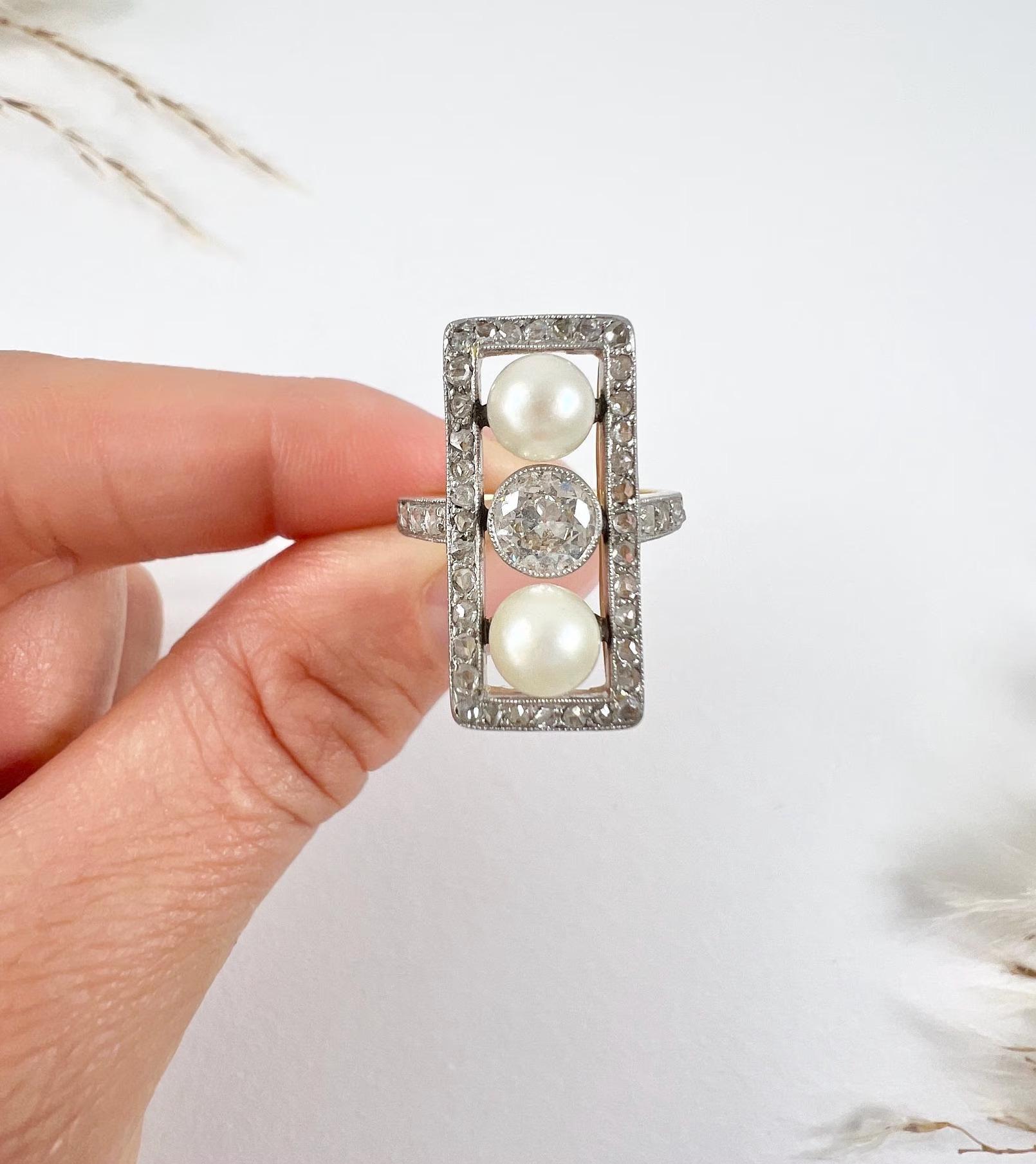 Antique 18ct Gold, Edwardian 0.70ct Diamond & Pearl Rectangular Ring For Sale 4