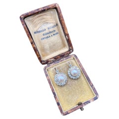 Antique 18ct Gold, Edwardian 1 Carat Diamond & Pearl Daisy Cluster Earrings