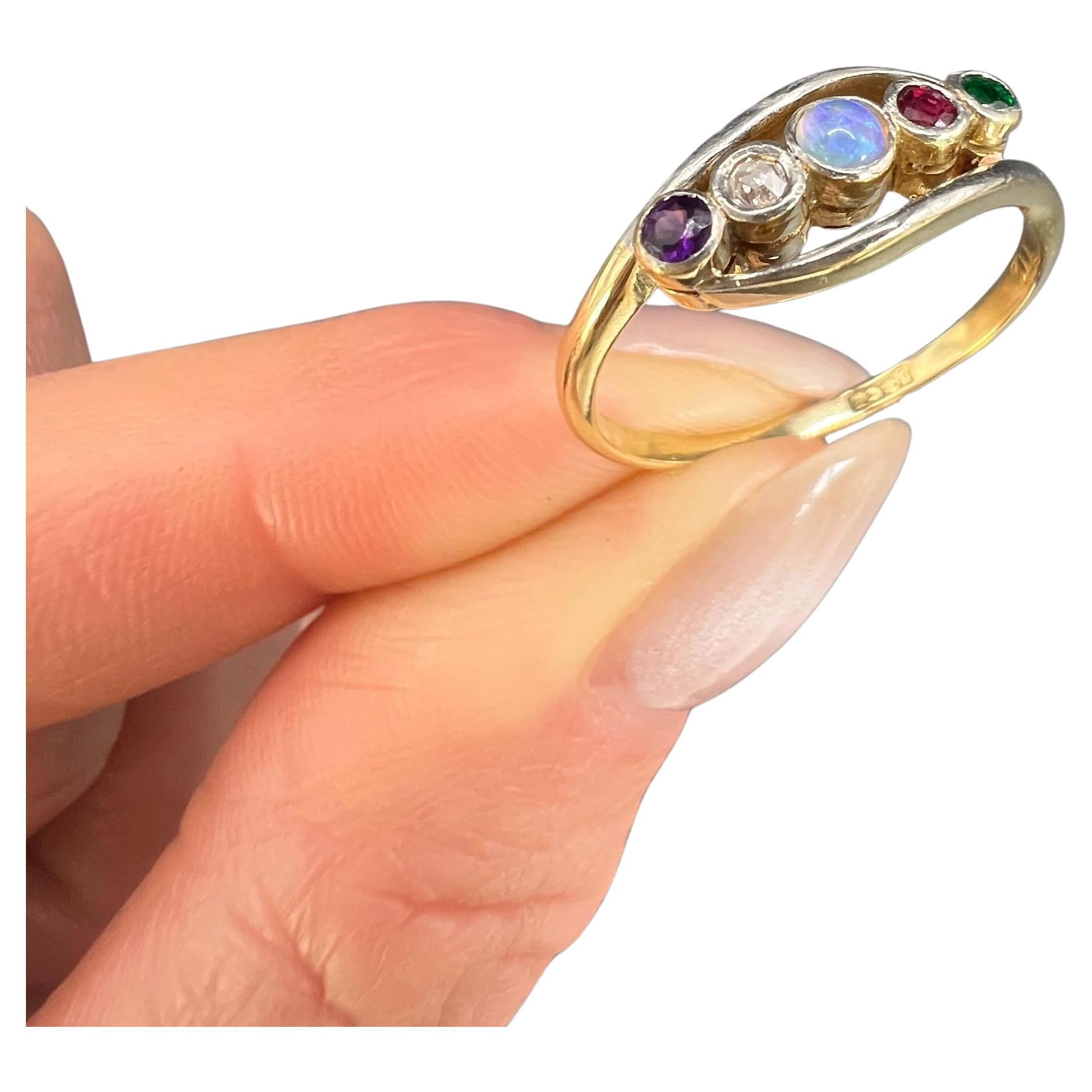 Antique 18ct Gold, Edwardian ADORE Amethyst, Diamond, Opal, Ruby & Emerald Ring