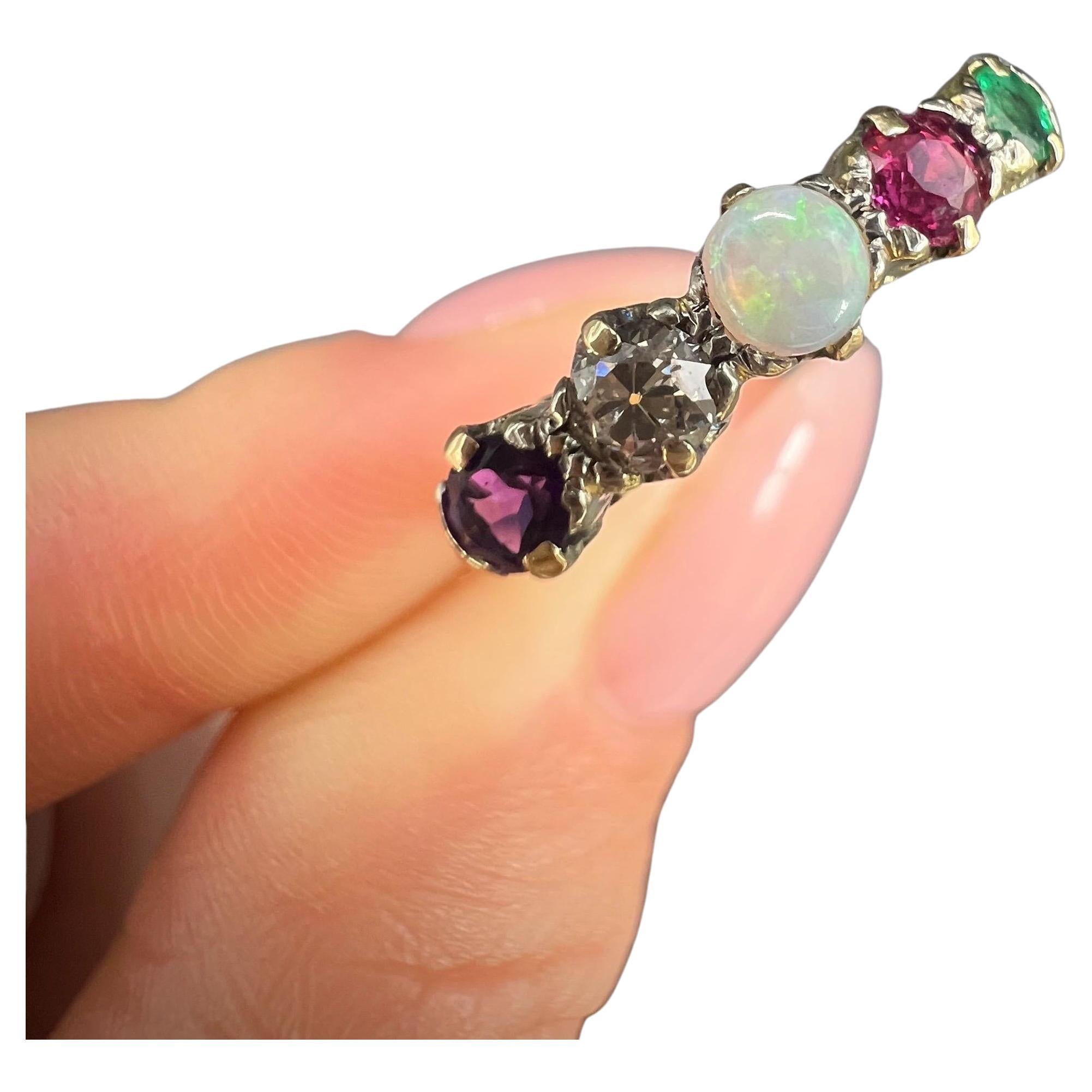Antiker Ring aus 18 Karat Gold, Edwardian ADORE Amethyst, Diamant, Opal, Rubin und Smaragd