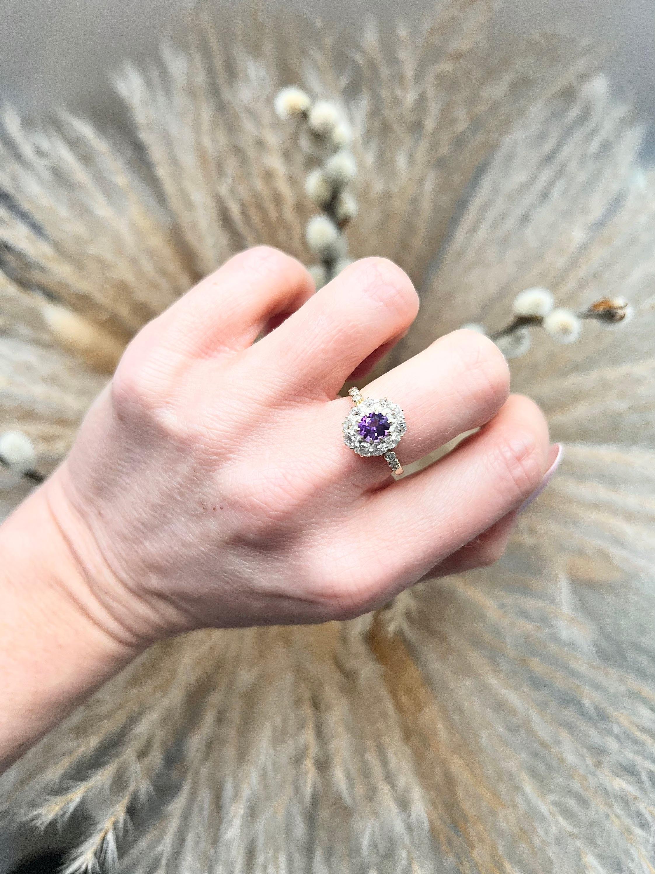 Antique Amethyst Ring 

18ct Yellow & White Gold Tested 

Circa 1900

Fabulous, antique cluster ring. Set with a gorgeous, round, faceted amethyst centre stone & surrounded by beautiful old cut diamonds. 
The stones are set in white gold & mounted