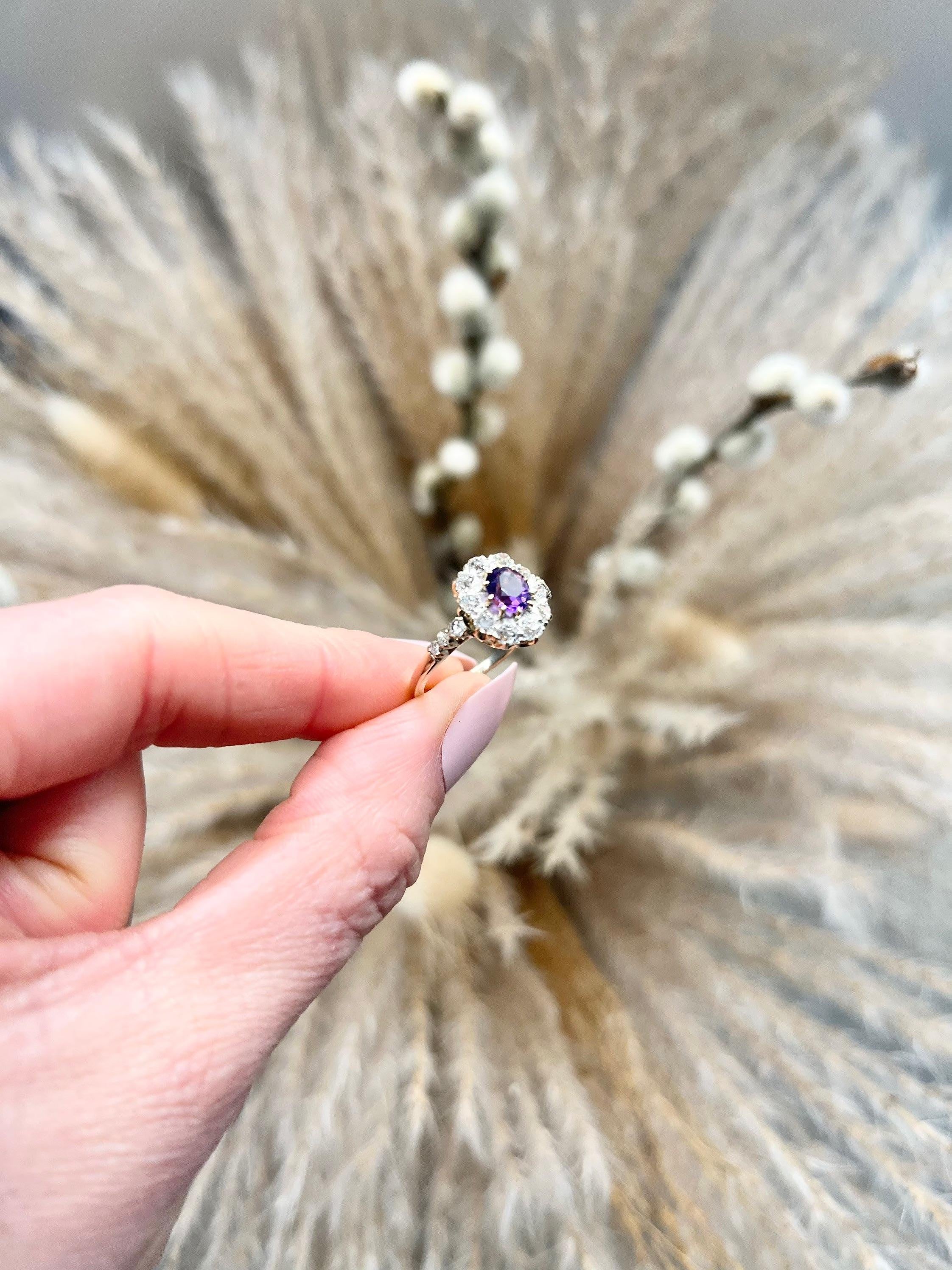 Women's or Men's Antique 18ct Gold Edwardian Amethyst & Diamond Cluster Ring For Sale