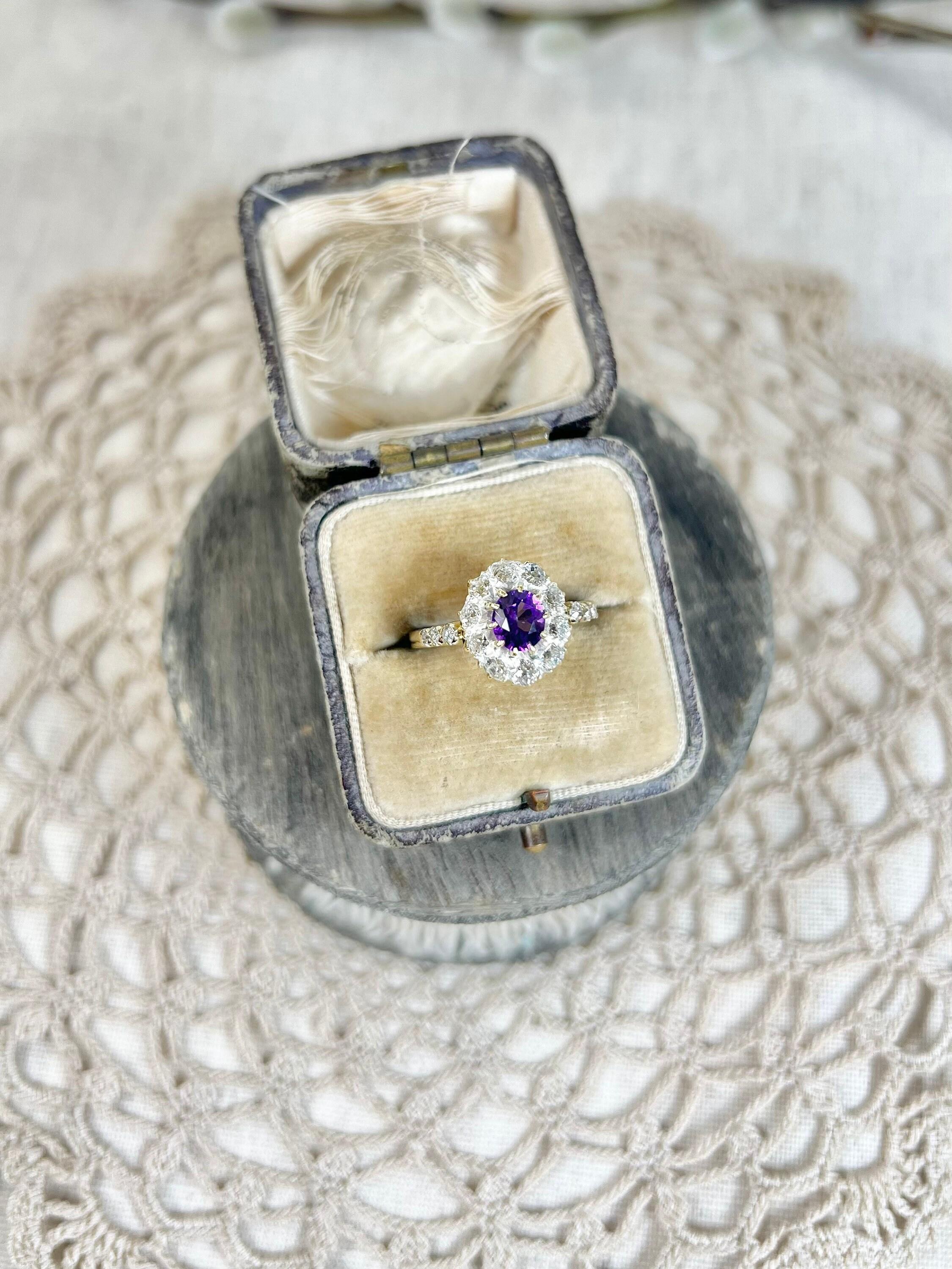 Antique 18ct Gold Edwardian Amethyst & Diamond Cluster Ring For Sale 2