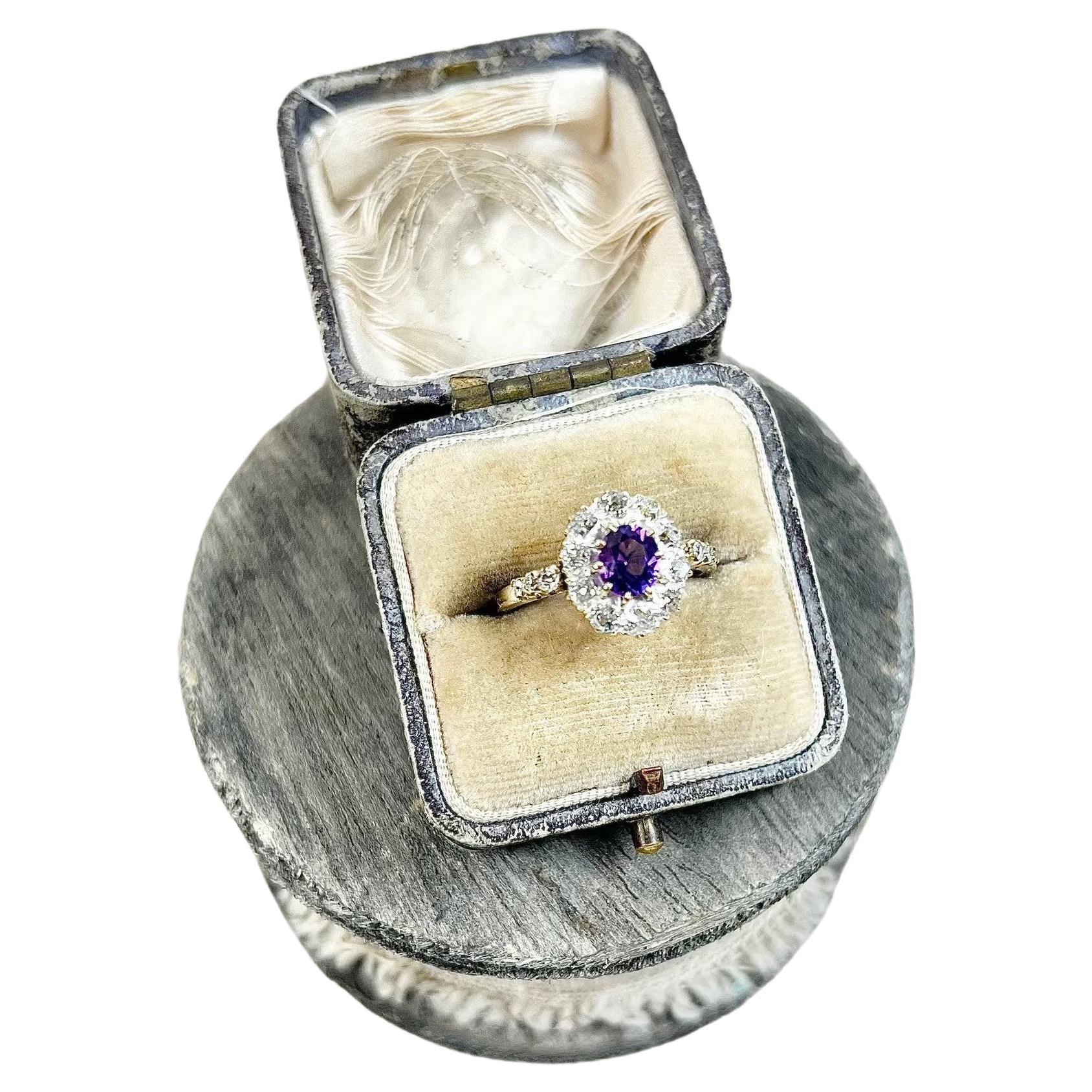 Antique 18ct Gold Edwardian Amethyst & Diamond Cluster Ring For Sale