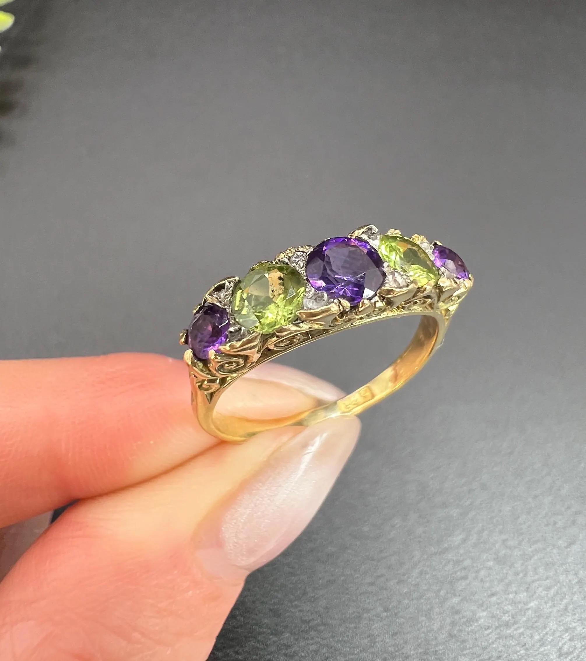 Antique 18ct Gold, Edwardian Amethyst, Peridot & Diamond Carved Suffragette Ring For Sale 6