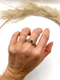 Antique 18ct Gold Edwardian Amethyst, Peridot & Diamond Carved Suffragette Ring