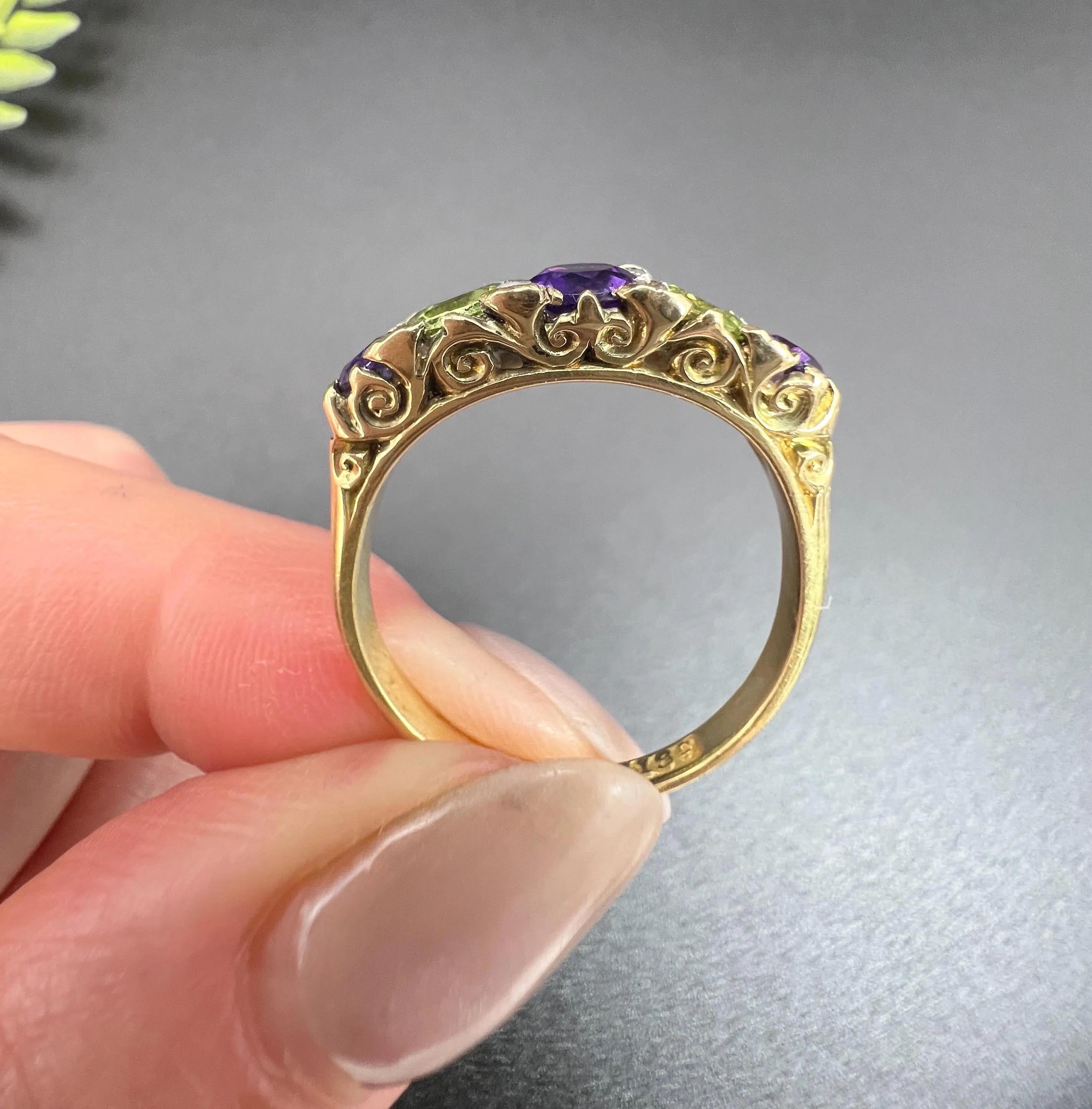 Antique 18ct Gold, Edwardian Amethyst, Peridot & Diamond Carved Suffragette Ring For Sale 4