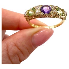 Antique 18ct Gold Edwardian Amethyst, Peridot & Diamond Carved Suffragette Ring