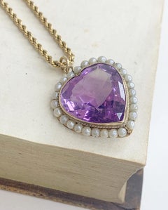 Antique 18ct Gold Edwardian Amethyst & Seed Pearl Heart Pendant
