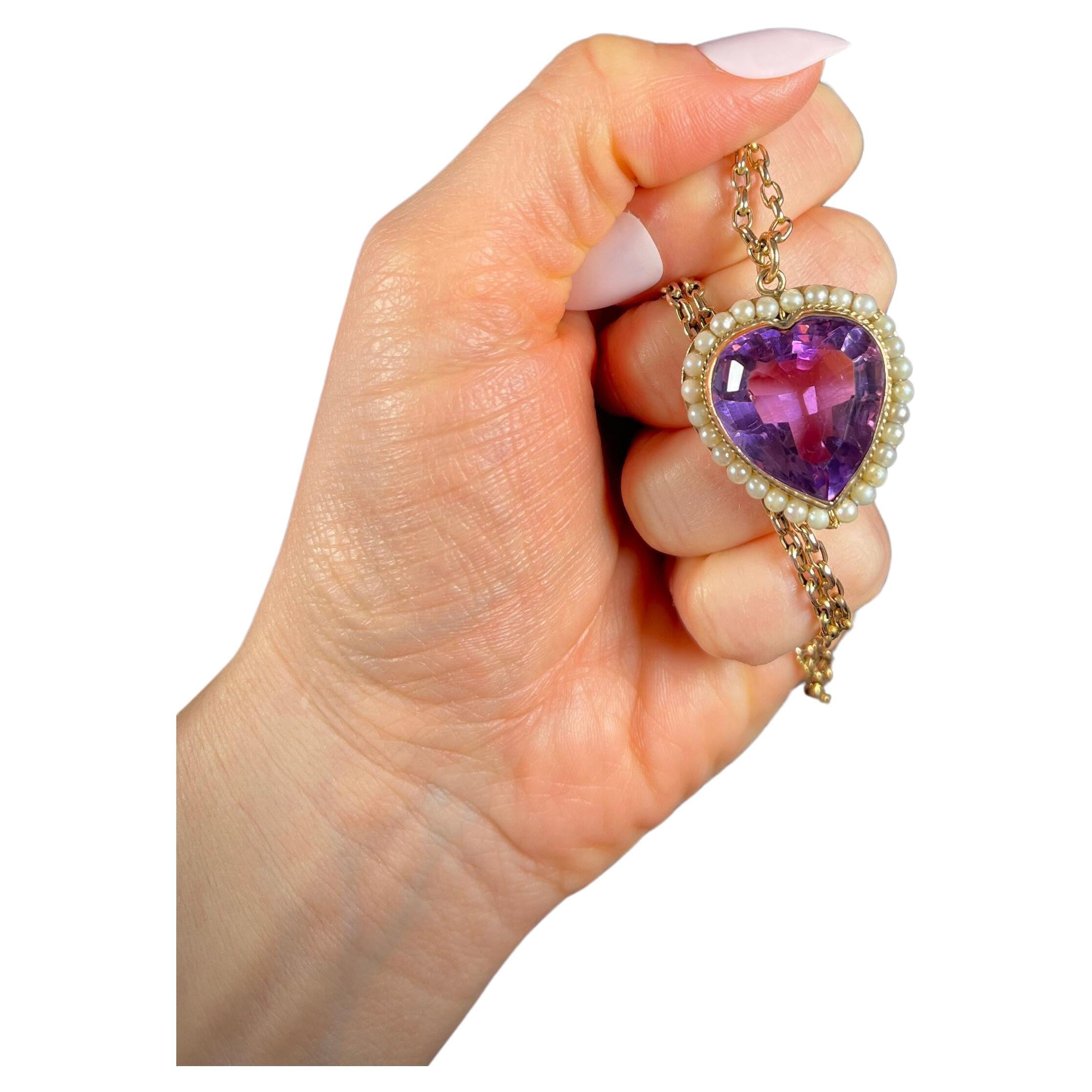 Antique 18ct Gold Edwardian Amethyst & Seed Pearl Heart Pendant