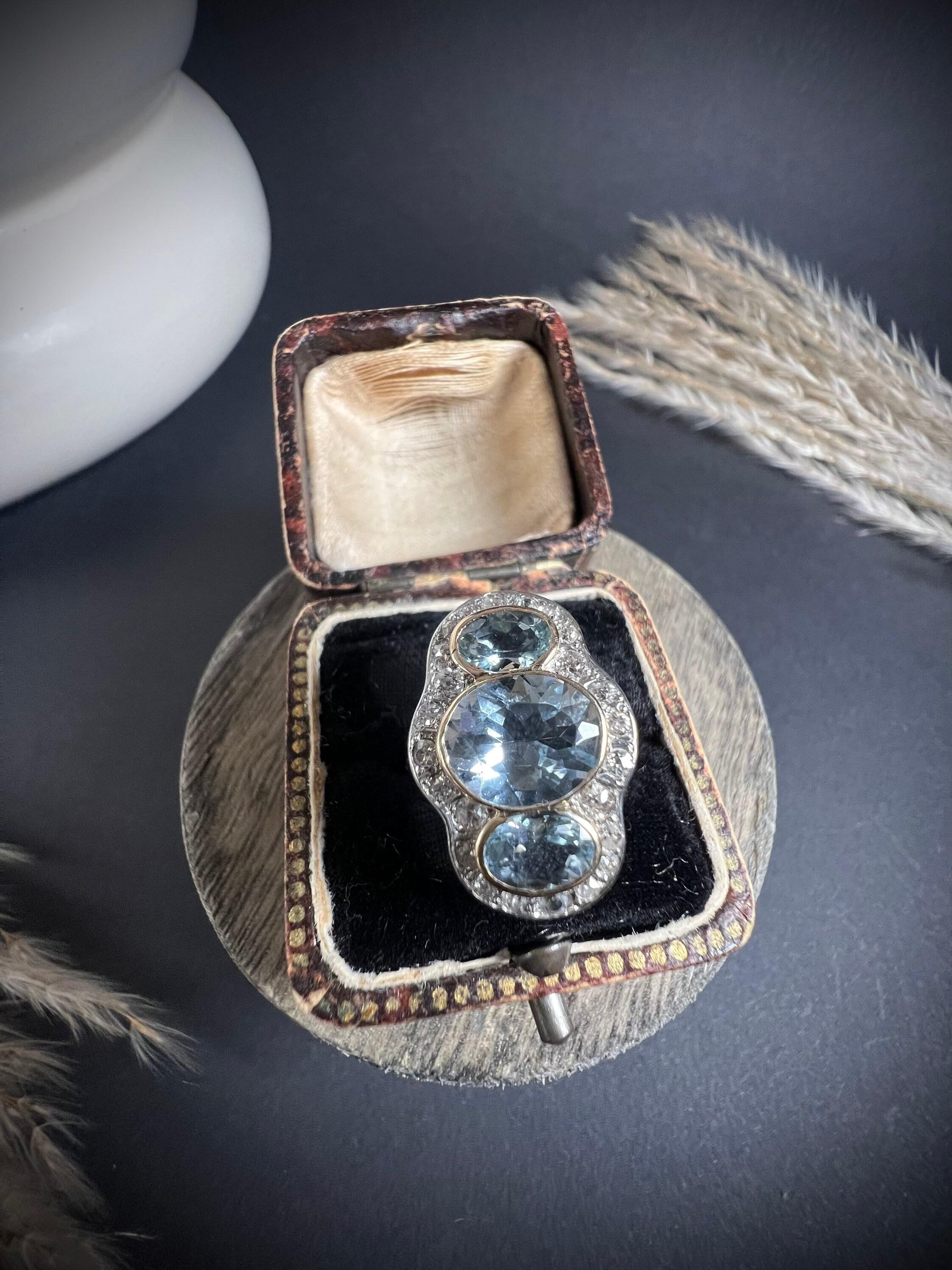 Bague ancienne en or 18ct de style édouardien avec aigue-marine et diamant en vente 1