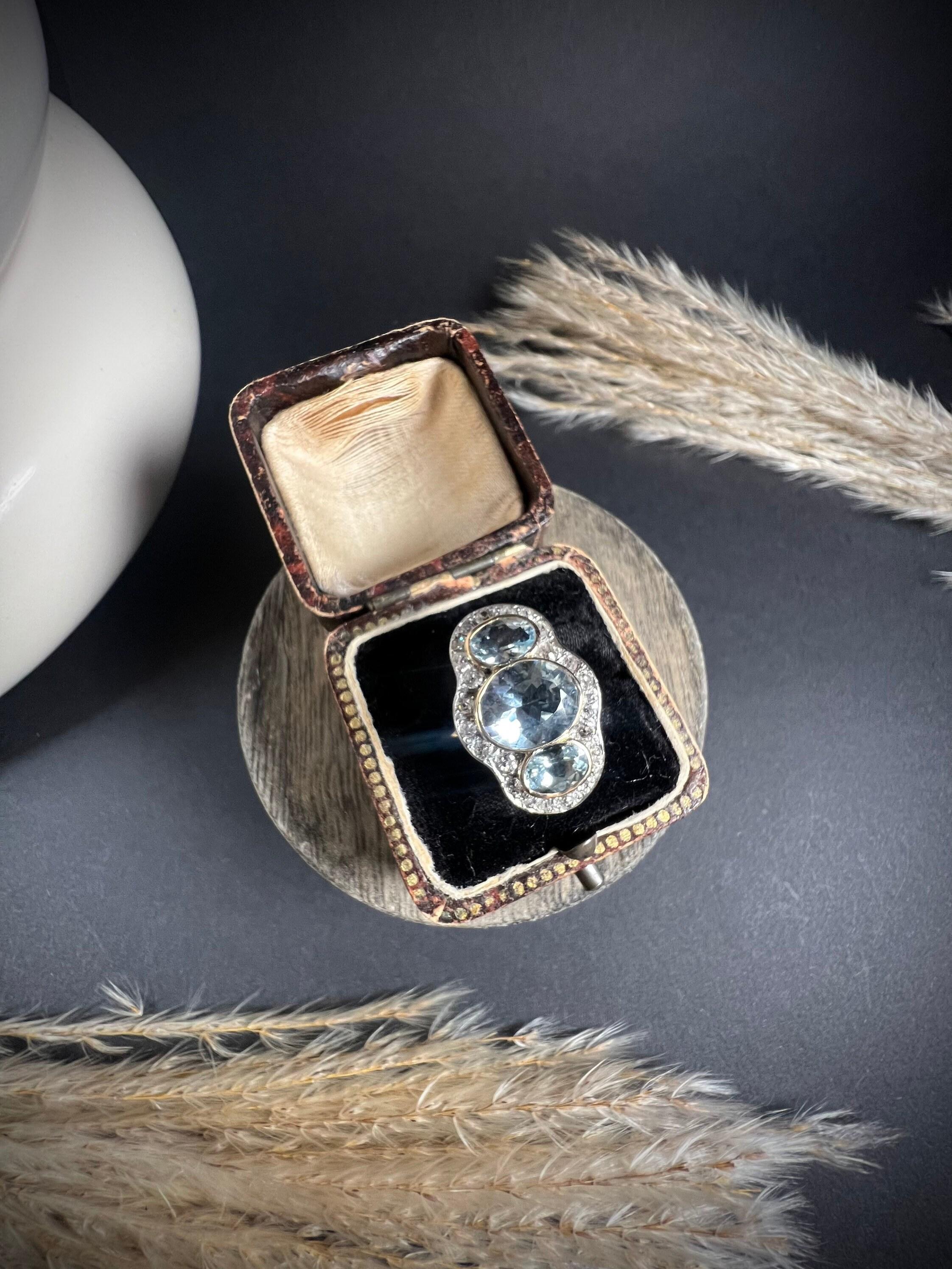 Bague ancienne en or 18ct de style édouardien avec aigue-marine et diamant en vente 2