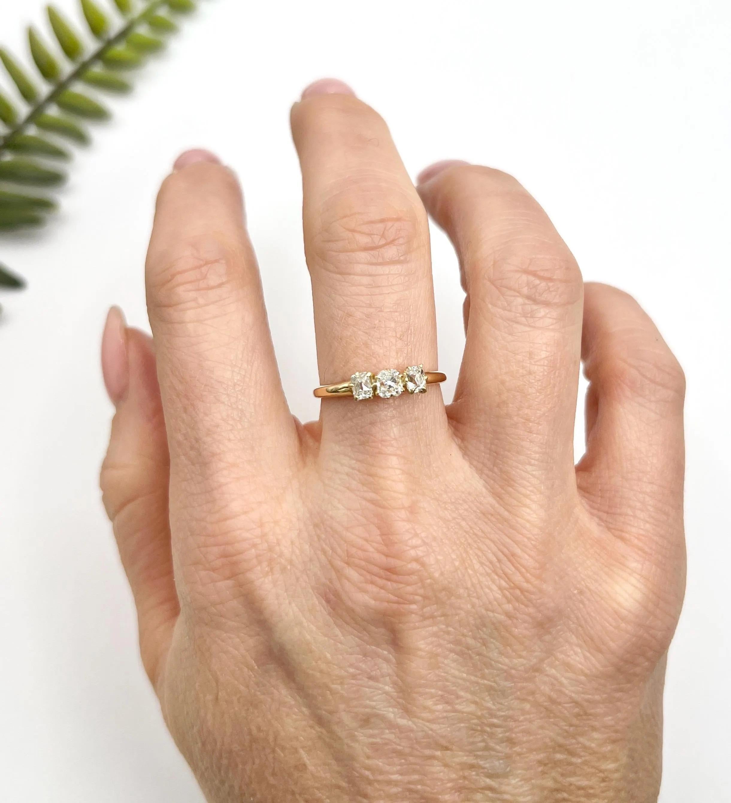 Old Mine Cut Antique 18ct Gold, Edwardian Circa 1900 Hallmarked, 3 Stone Diamond Ring For Sale