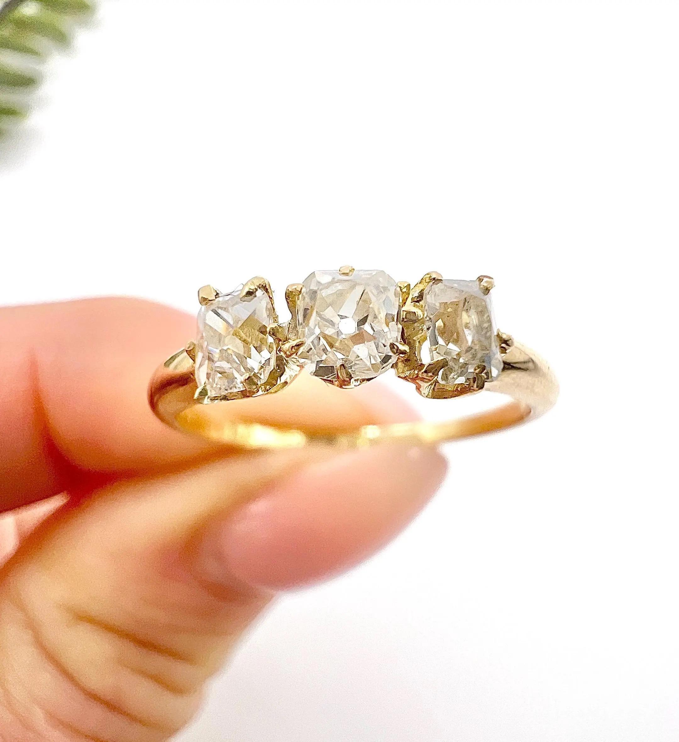 Antique 18ct Gold, Edwardian Circa 1900 Hallmarked, 3 Stone Diamond Ring For Sale 4