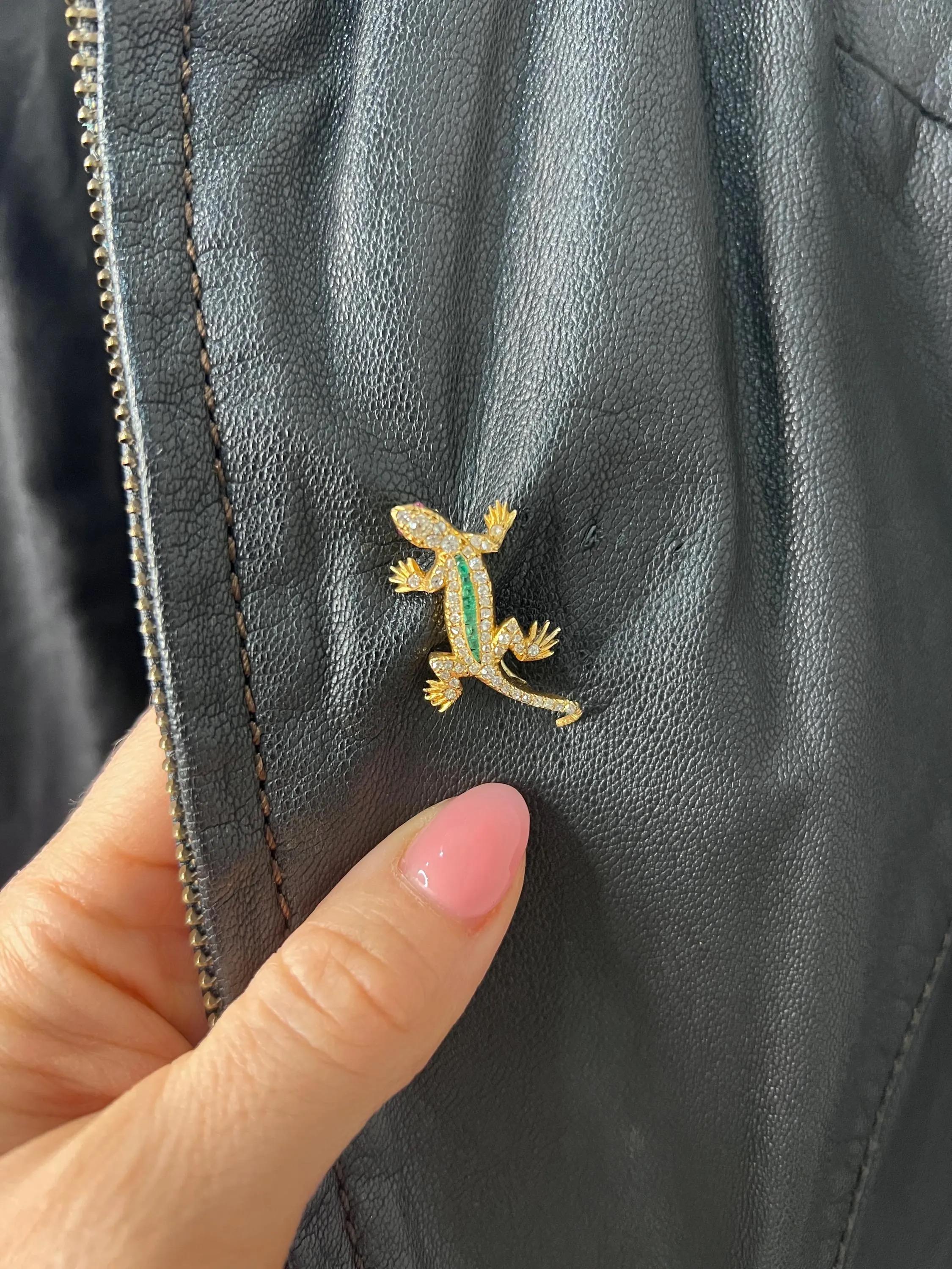 Antique 18ct Gold, Edwardian Diamond and Emerald Lizard Brooch For Sale ...