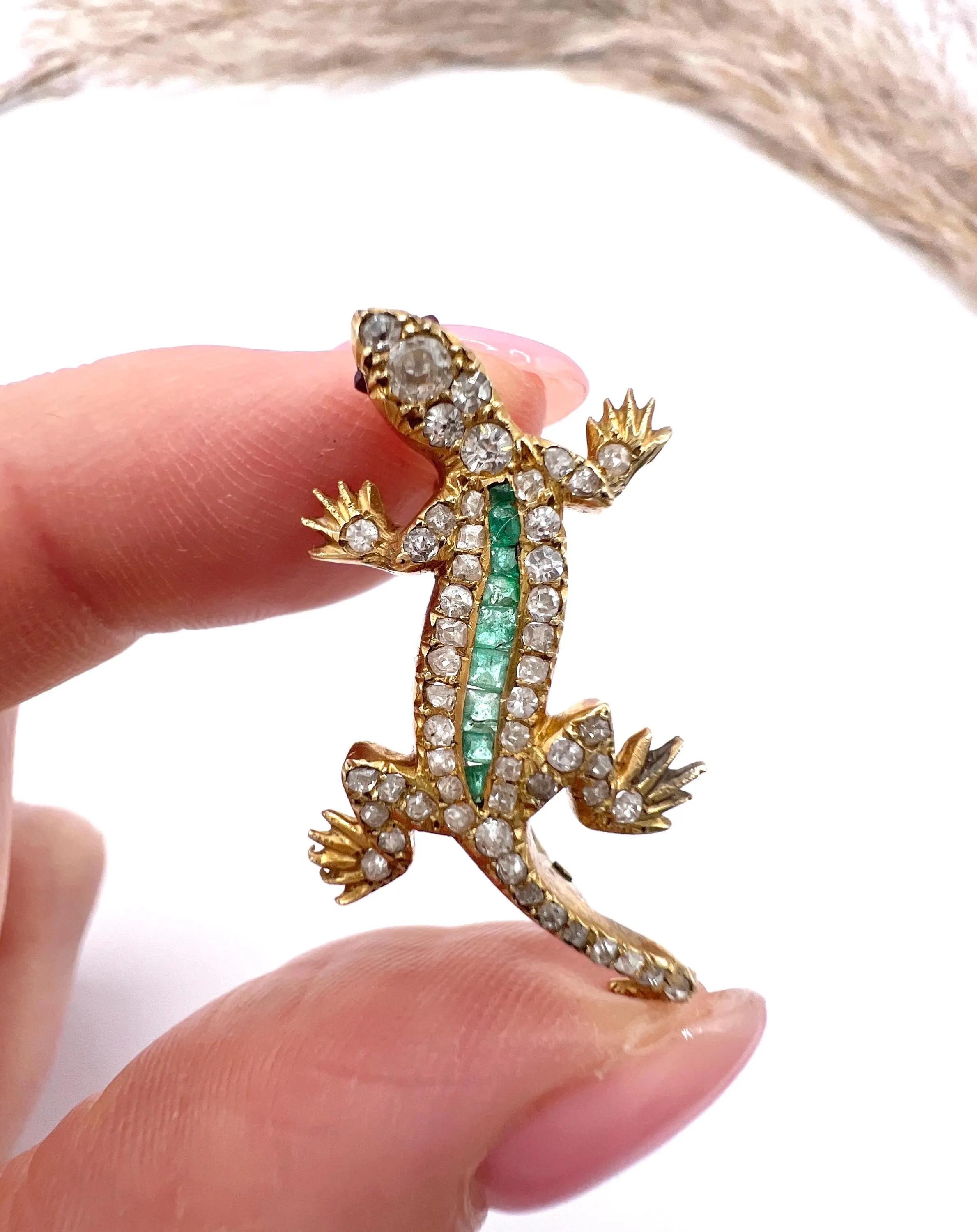 Antique 18ct Gold, Edwardian Diamond and Emerald Lizard Brooch For Sale ...