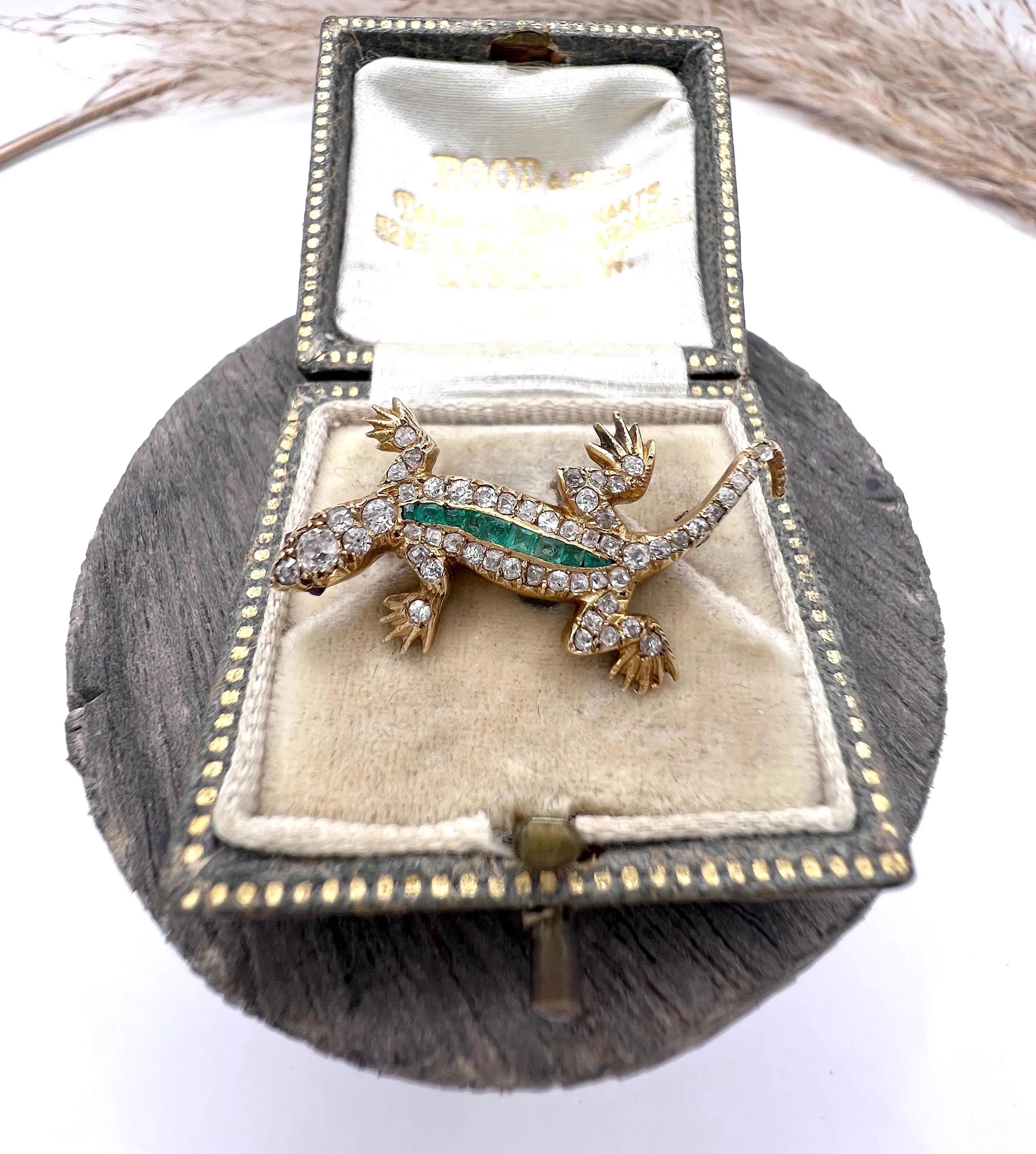 Antique 18ct Gold, Edwardian Diamond and Emerald Lizard Brooch For Sale ...