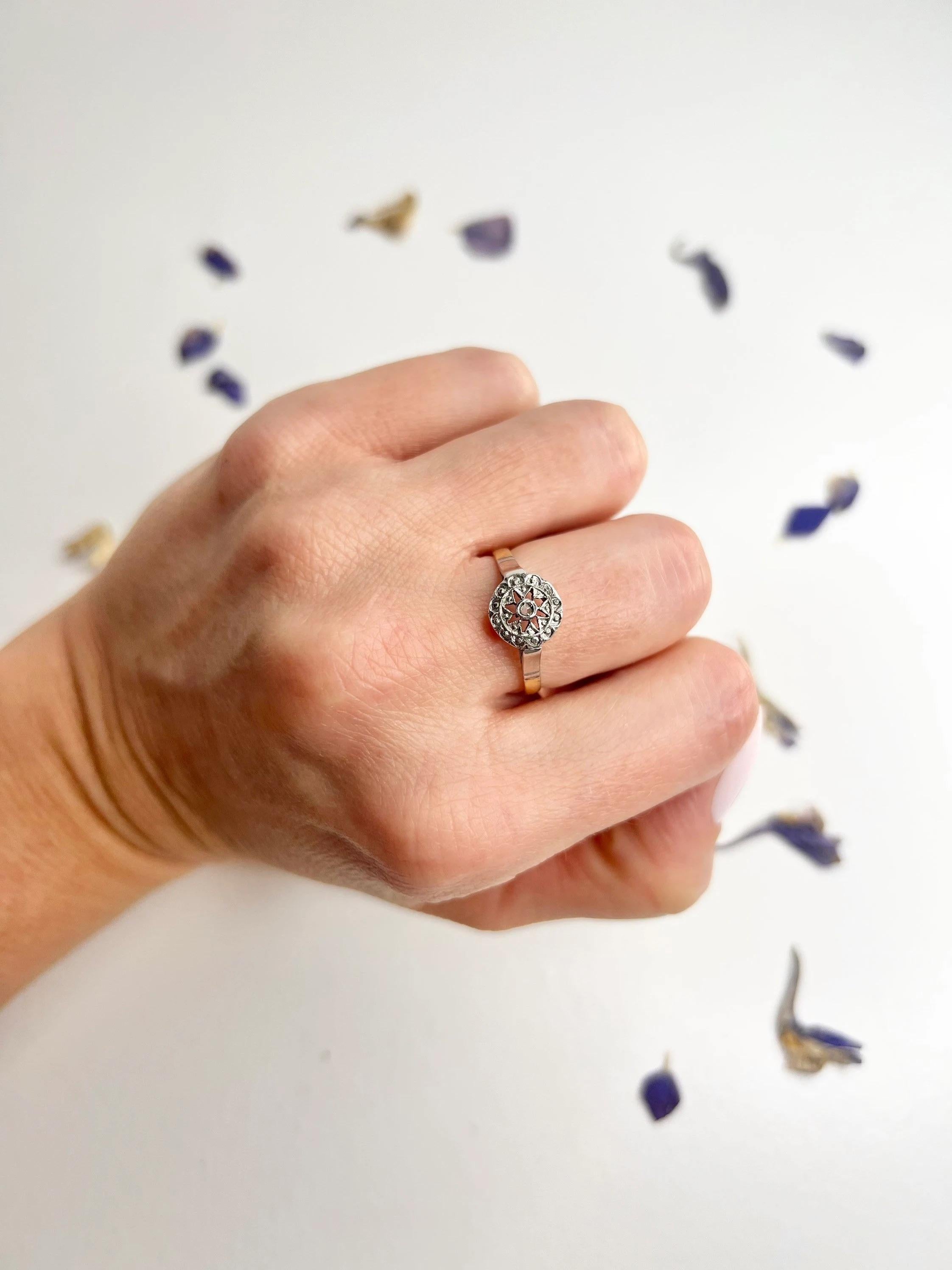 Antique Diamond Illusion Ring

18ct Gold 

Edwardian Circa 1900

Beautiful Shaped Ring, Set with a Lovely Little Flat Cut Centre Diamond in a Star Shaped Illusion Setting 

Would make a lovely engagement ring 

UK Size P

US Size 7 3/4

Can be