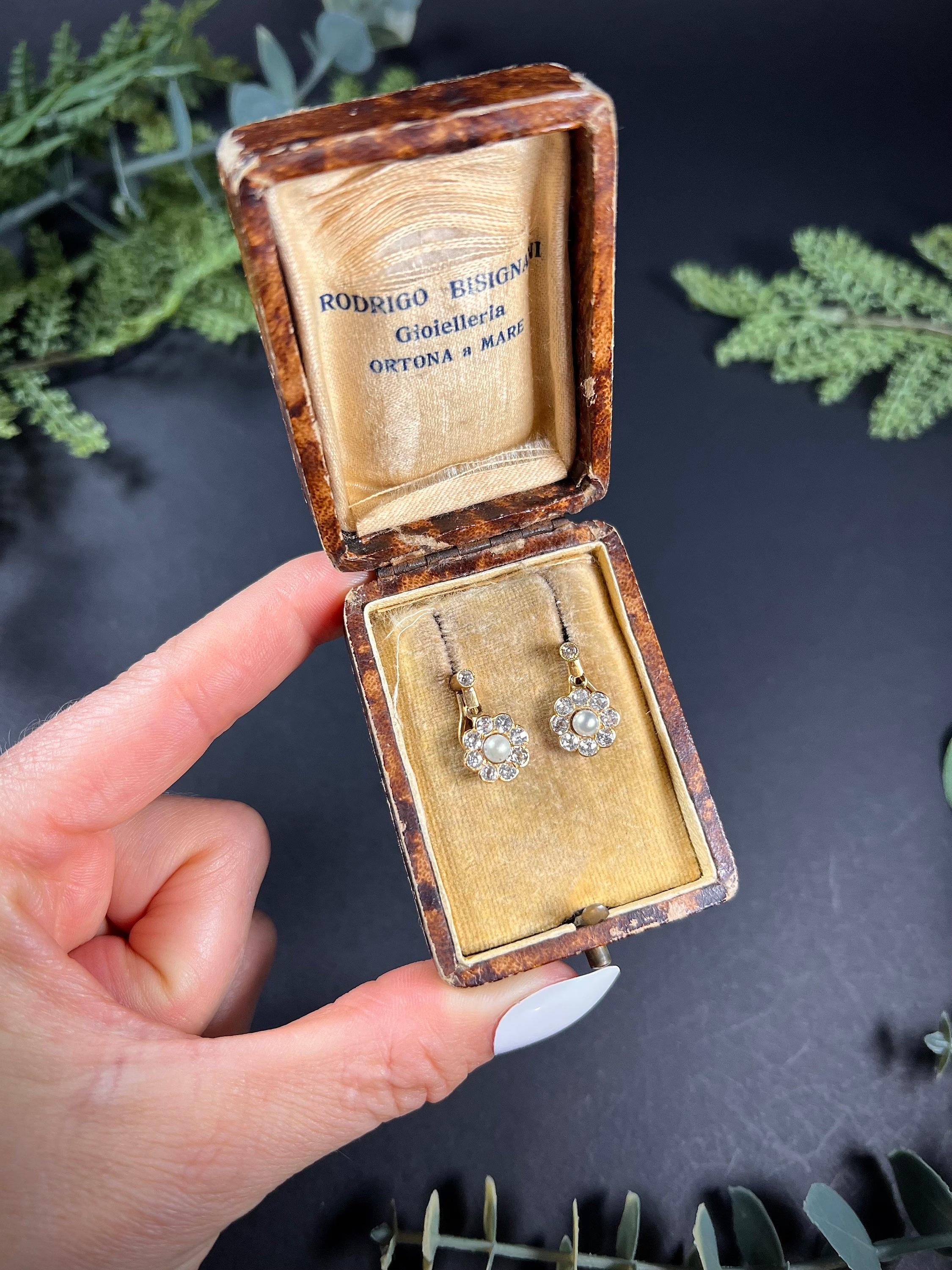 Antique 18ct Gold Edwardian Diamond & Pearl Daisy Cluster Earrings For Sale 6