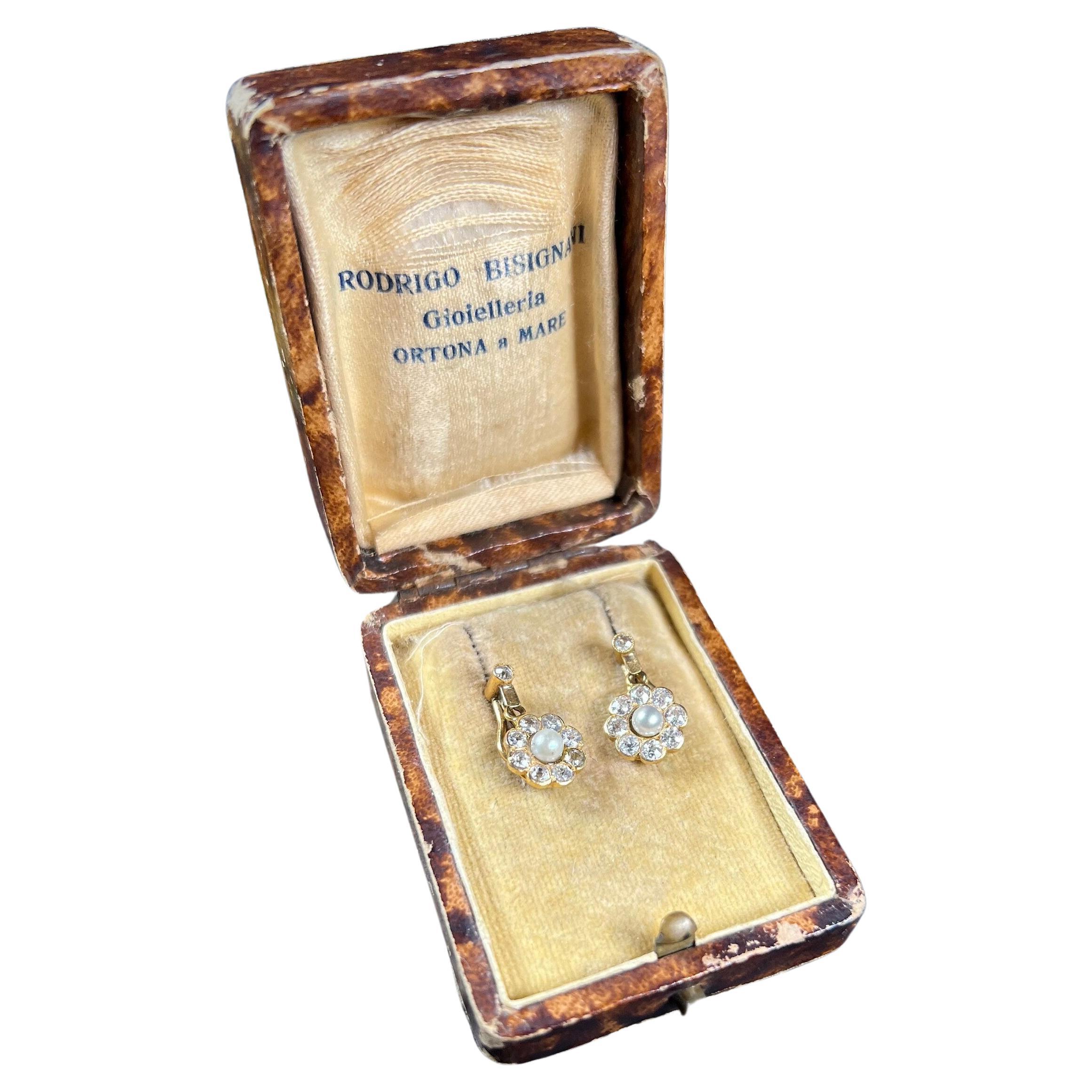 Antique 18ct Gold Edwardian Diamond & Pearl Daisy Cluster Earrings