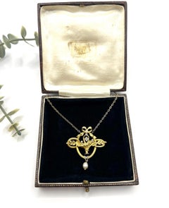 Antique 18ct Gold, Edwardian Diamond & Seed Pearl Floral Basket Pendant Necklace