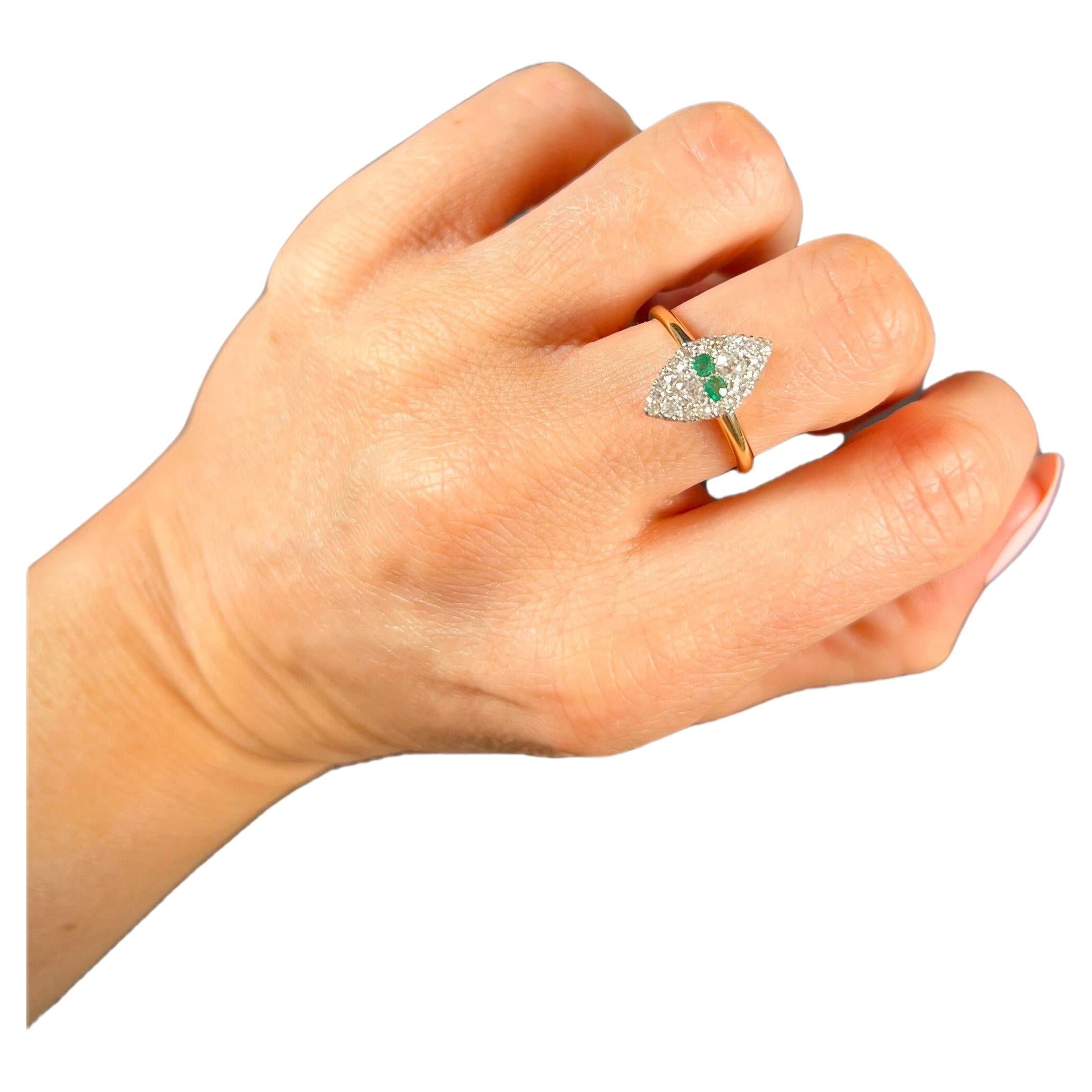 Antique 18ct Gold Edwardian Emerald & Diamond Marquise Ring For Sale