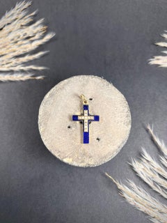 Antique 18ct Gold, Edwardian Era, Blue Enamel and Seed Pearl Cross Pendant