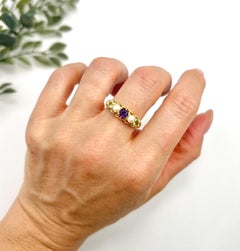 Antique 18ct Gold Edwardian Five Stone Amethyst Peridot & Pearl Suffragette Ring