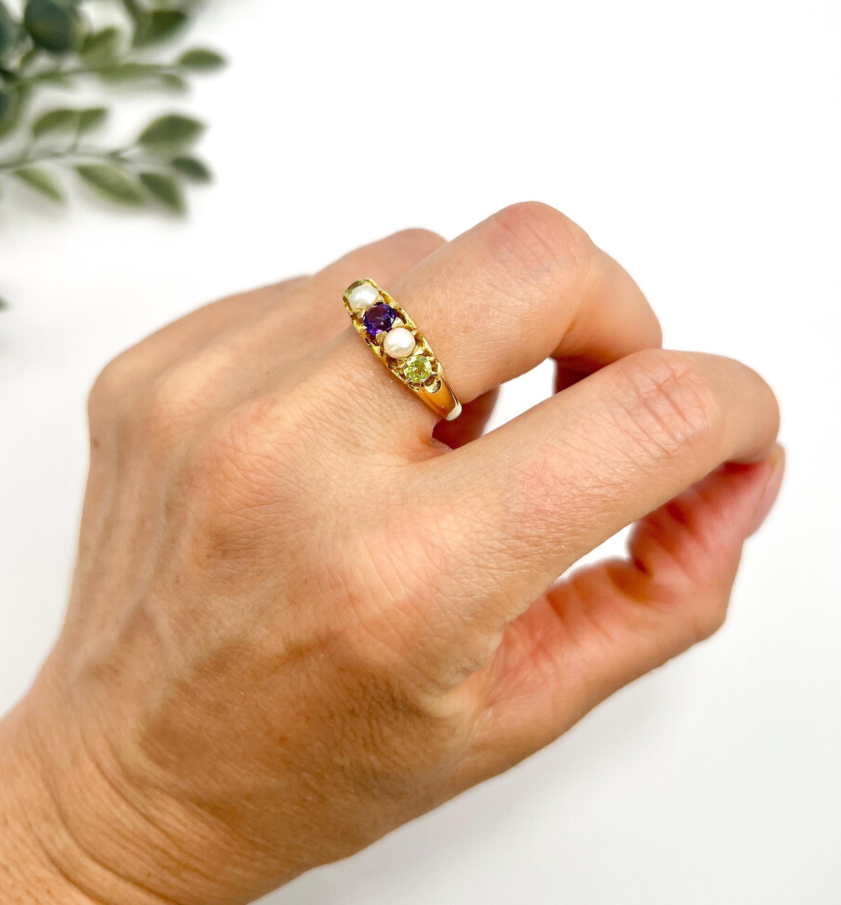 Round Cut Antique 18ct Gold Edwardian Five Stone Amethyst Peridot & Pearl Suffragette Ring For Sale
